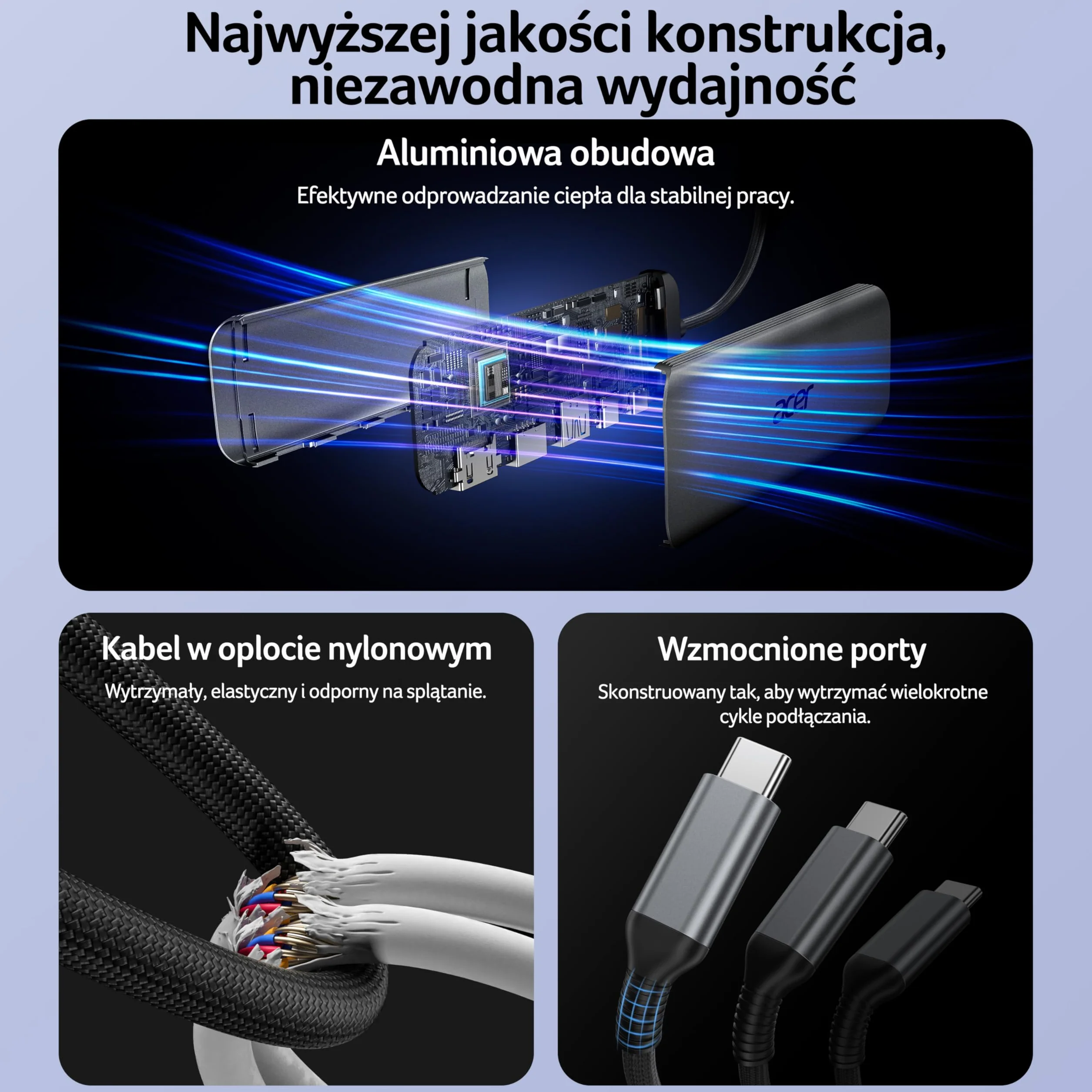 Acer Hub USB-C 5w1, USB-C do HDMI 4K@60Hz, USB-A+C 5Gbps, Ładowania PD 100W | Aluminiowy Rozdzielacz Wieloportowy z Adapterem do Laptopa iPhone 17/16/15, MacBook iPad Pro/Air, Mac mini M4, Surface S26