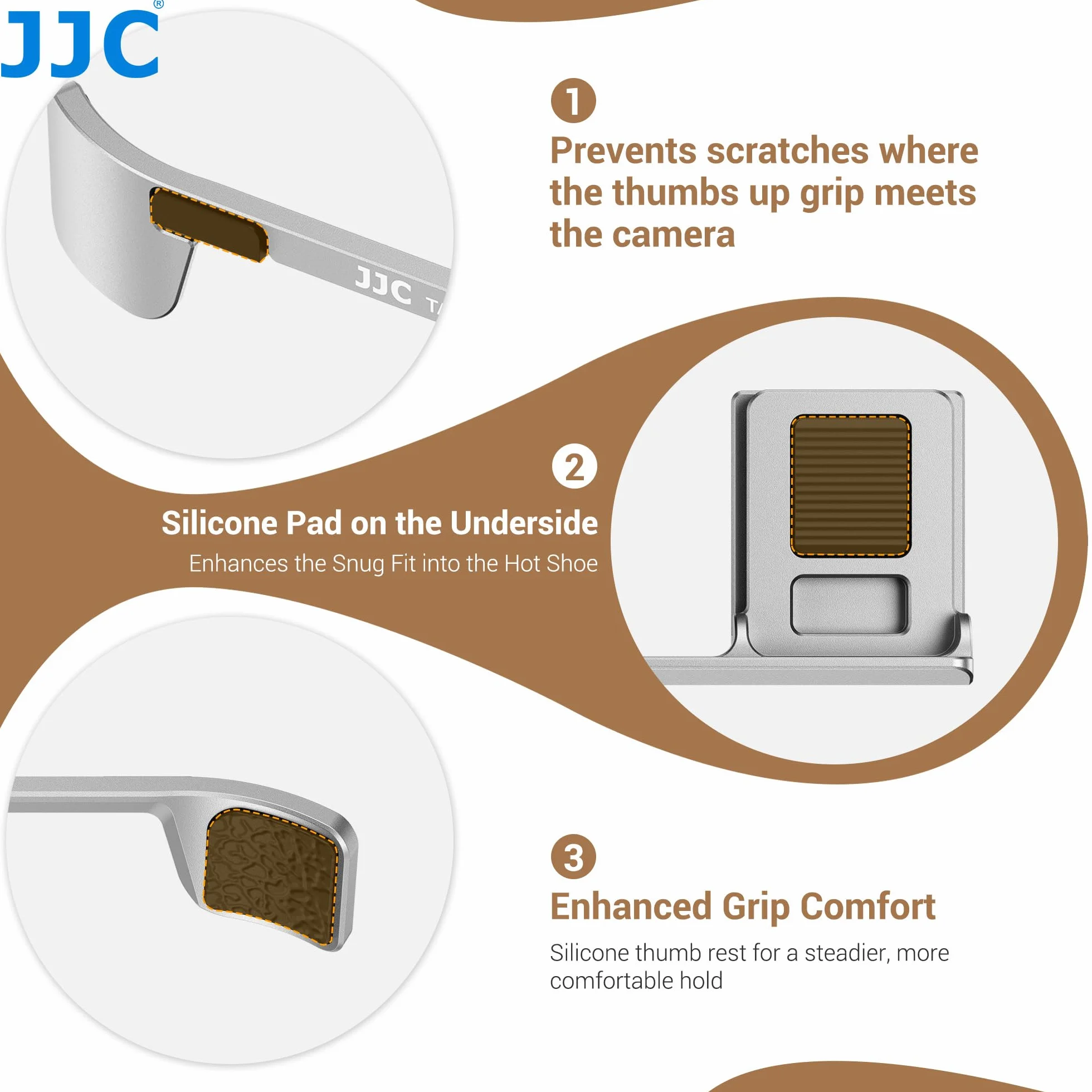 JJC Metalowa osłona stopki Full Cover Thumb Up Grip z przyciskiem migawki kompatybilna z aparatami Fujifilm X-E5, XE5, silikonowe wkładki Thumb Hand Grip przeciwpyłowe i antypoślizgowe, srebrne
