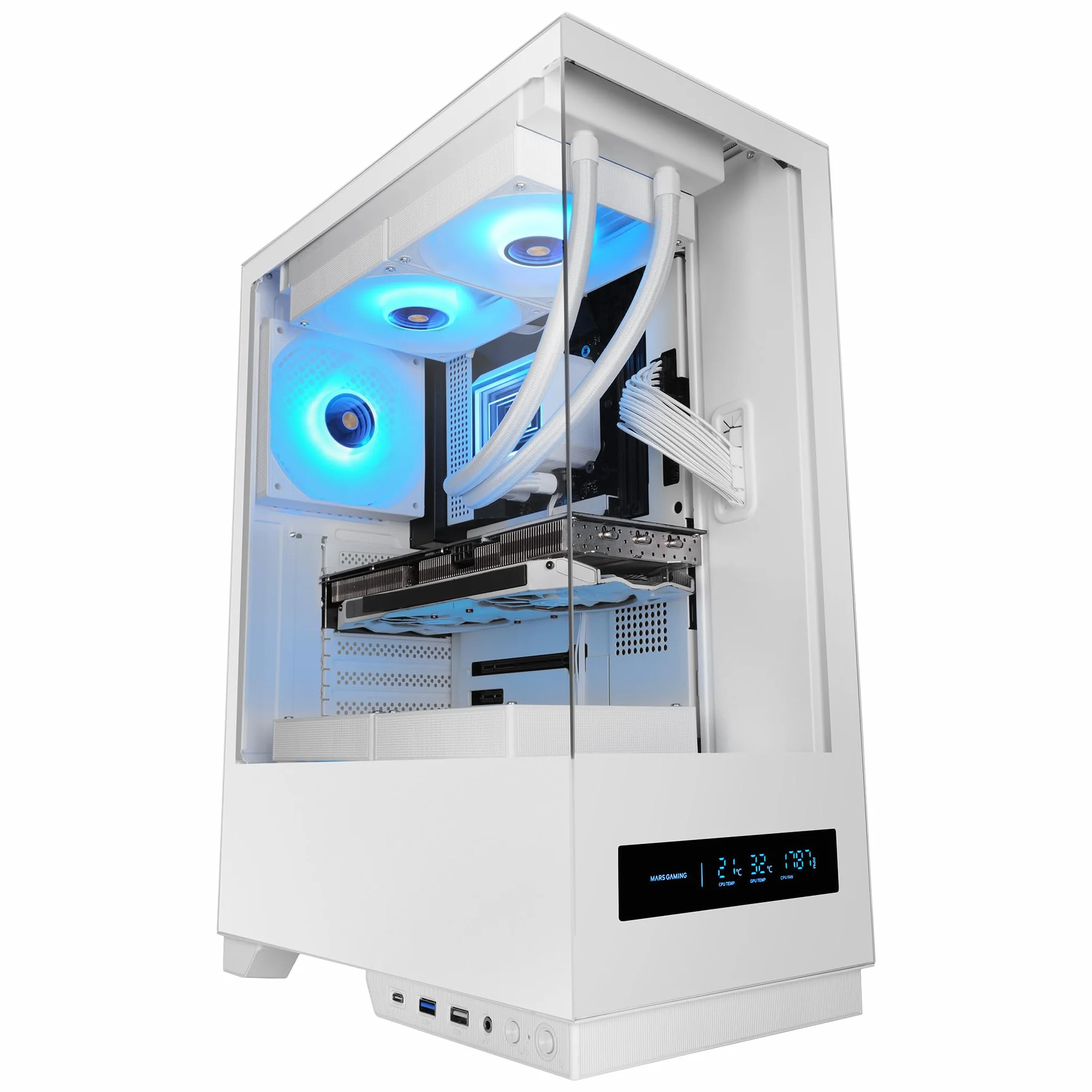Mars Gaming MC-PULSAR, Obudowa Gaming ATX, Przedni Wyświetlacz LCD w Czasie Rzeczywistym, Podwójne Szkło Hartowane z Przodu i z Boku, System Okablowania CABLEHATCH, Chłodzenie Cieczą do 240mm, Biały
