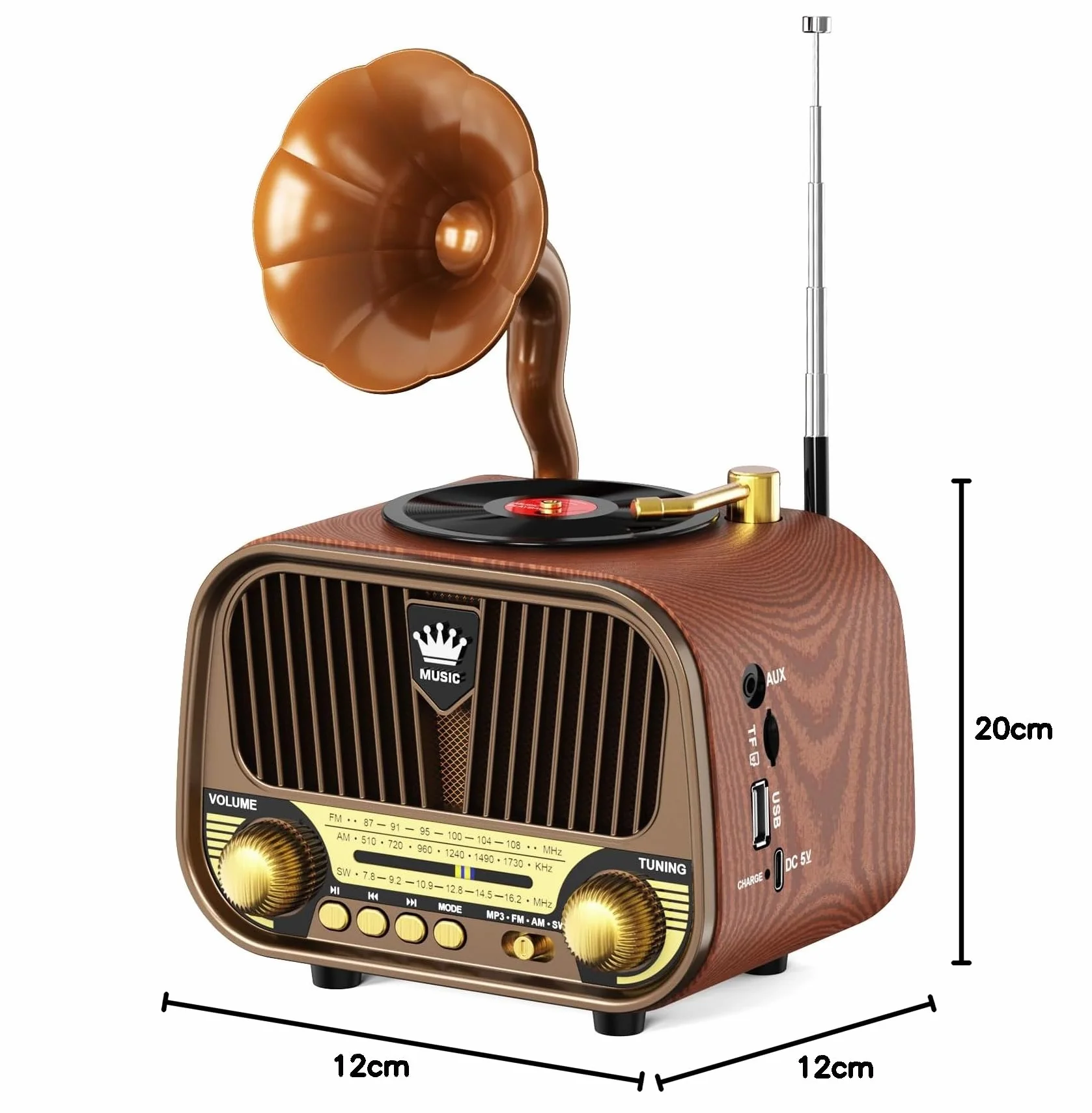 PRUNUS J-190 Vintage Radio Bluetooth 6.0 AM/FM/SW Akumulator 1800 mAh | Przenośne radio z akumulatorem 1800 mAh z głośnikiem 5 W, Bluetooth 6.0 i odtwarzaniem USB/TF/AUX do użytku domowego