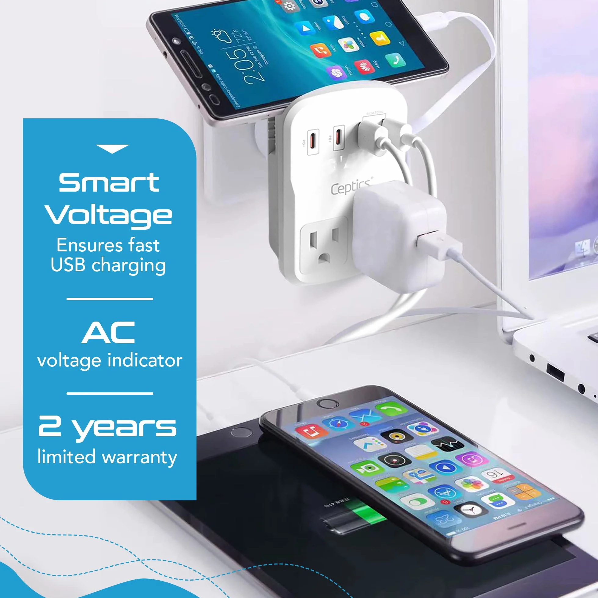 Ceptics World Travel Adapter Kit 2 USB-A, USB-C US Outlets, 20W/QC 18W Power Delivery, Surge Protection, SWADAPT Compatible for Europe, UK, China, Australia, Japan Perfect Laptop (WPS-5B)