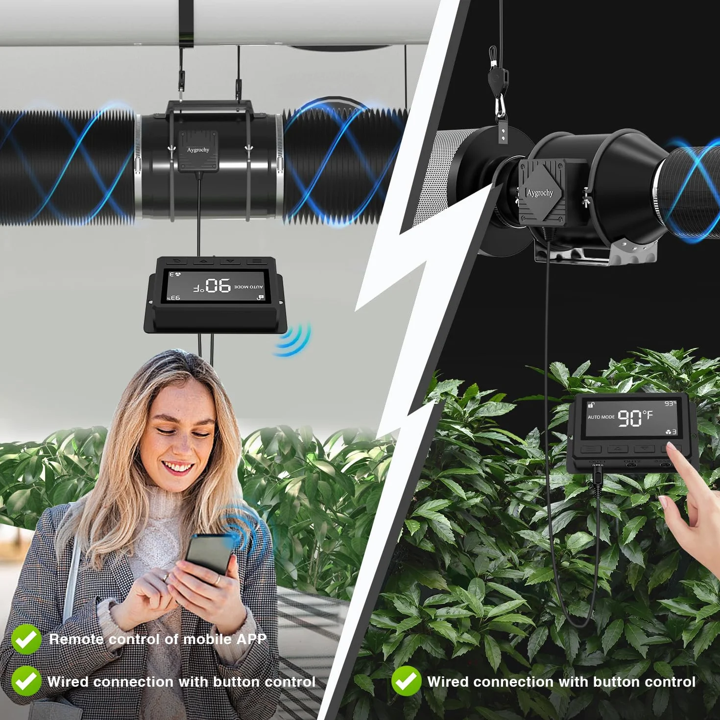 Aygrochy 8-calowy wentylator liniowy WiFi z kontrolerem temperatury i wilgotności