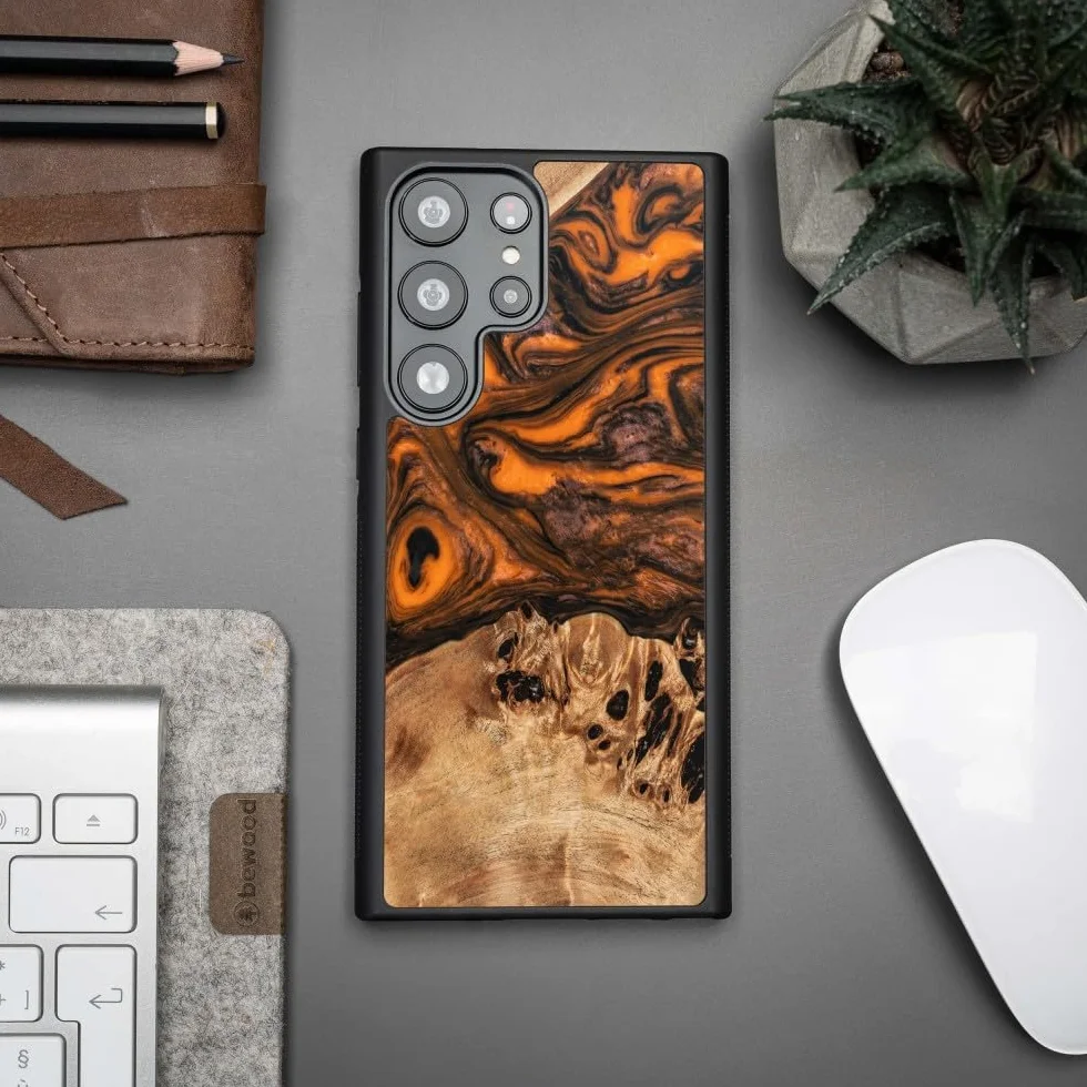 Unikalne etui kompatybilne z Samsung Galaxy S23 Ultra, ręcznie wykonane etui ochronne z naturalnego drewna i żywicy, pomarańczowe, odporne na uderzenia, kompatybilne z MagSafe
