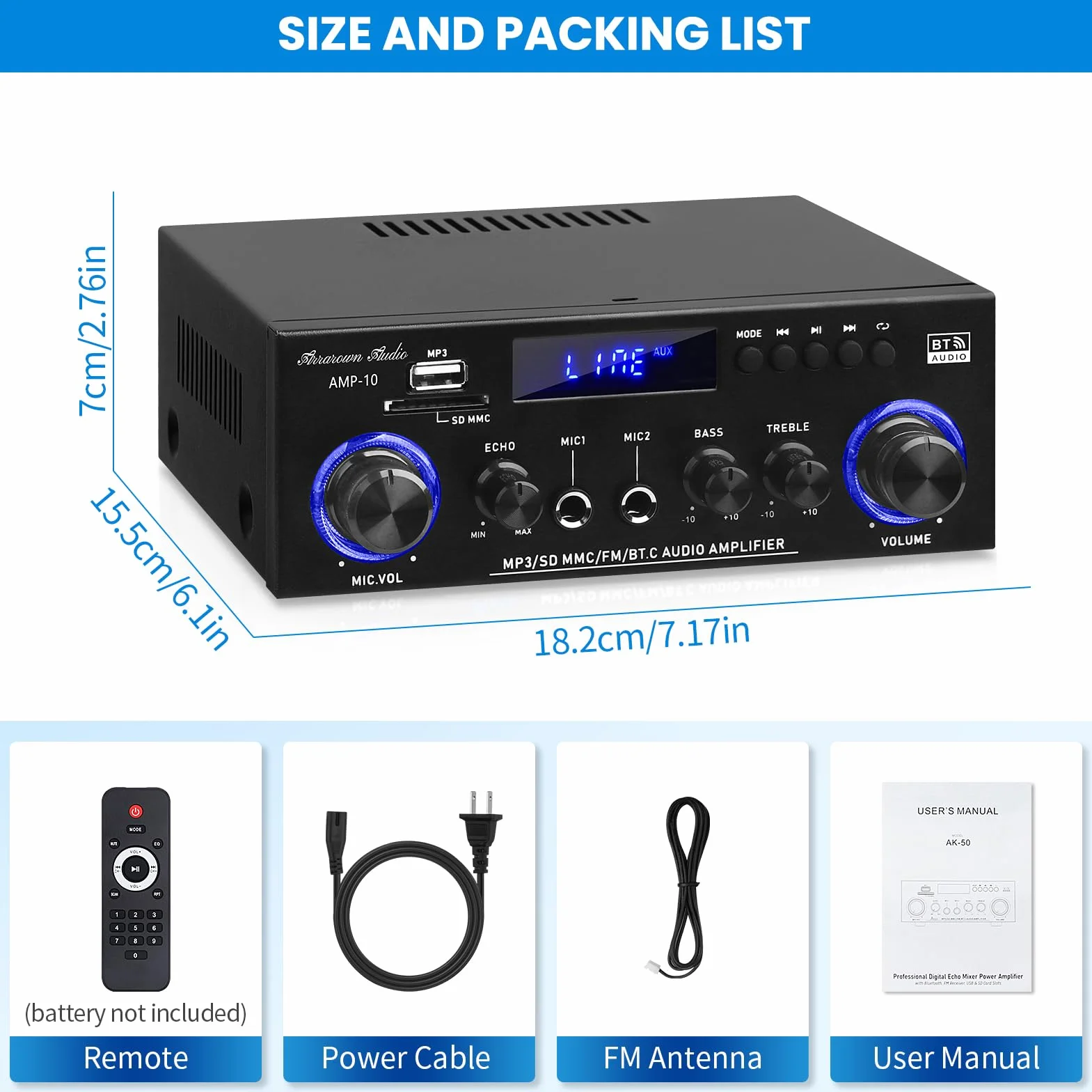Amp10 wzmacniacz domowego audio, wzmacniacz mocy 400 W, 2-kanałowy odbiornik stereo z Bluetooth 5.0, aktywne wyjście subwoofera, radio FM, USB/SD/AUX, MIC, pilot zdalnego sterowania do kina