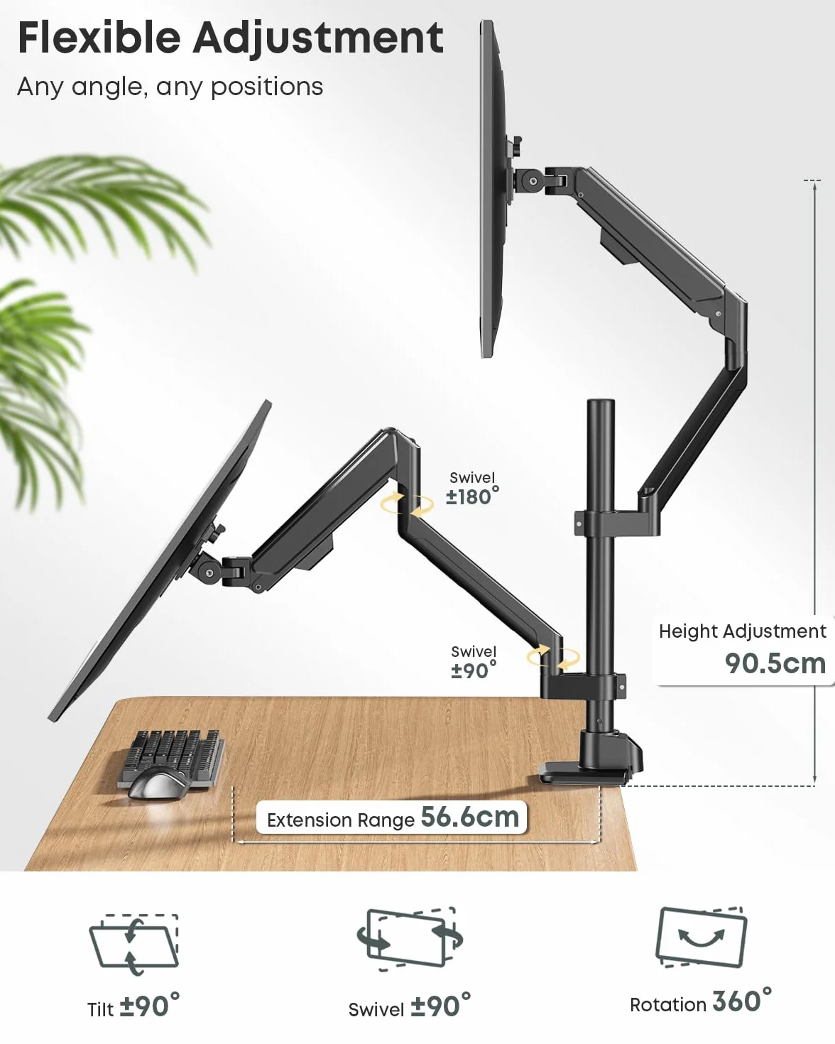 Podwójne ramię do monitorów 17-40 cali, gazowe, pełny ruch | Ergonomiczny design, precyzyjne ustawienie, stabilny & solidny, oszczędność miejsca, 12 kg na ramię, VESA 75/100, Czarny