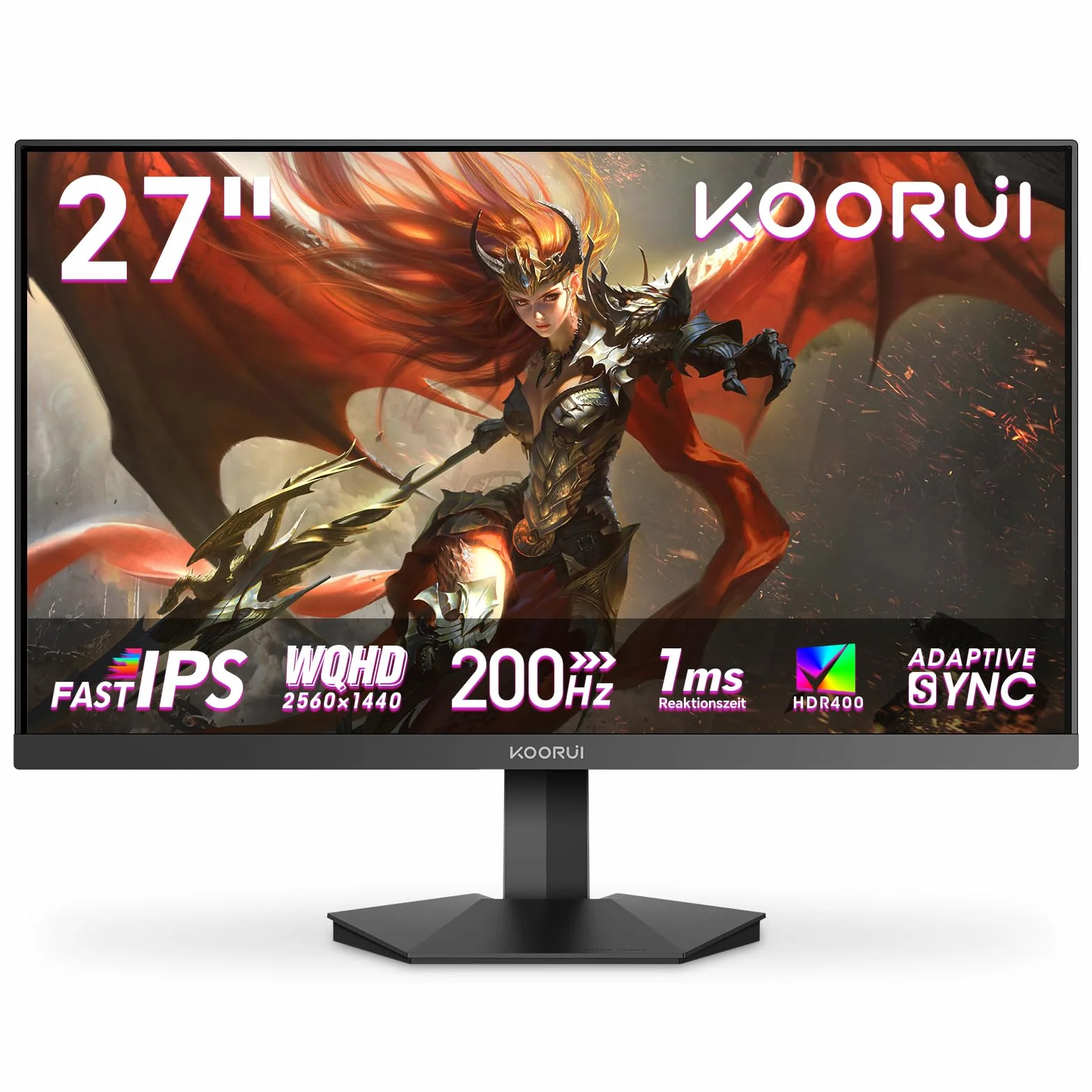 KOORUI Monitor gamingowy 27" 200 Hz Fast IPS QHD PC 1ms HDR400 HDMI/DP | Adaptive Sync, DCI-P3 95%, SRGB 99%, regulacja nachylenia, QHD 2560 x 1440, VESA 75 x 75 mm, do pracy biurowej lub gier