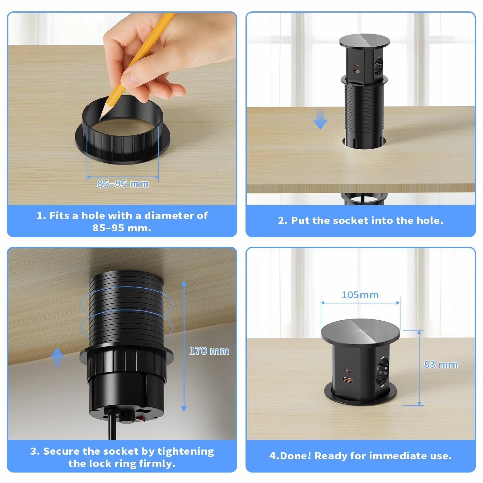 Wysuwane gniazdko elektryczne z bezprzewodowym ładowaniem 15 W, USB-C PD 20 W, Ø 85 mm | 2 Schuko, 2 USB-C, 2 USB-A po 18 W, wyłącznik przeciążeniowy, kabel 2 m, do biurka, kuchni i blatu roboczego