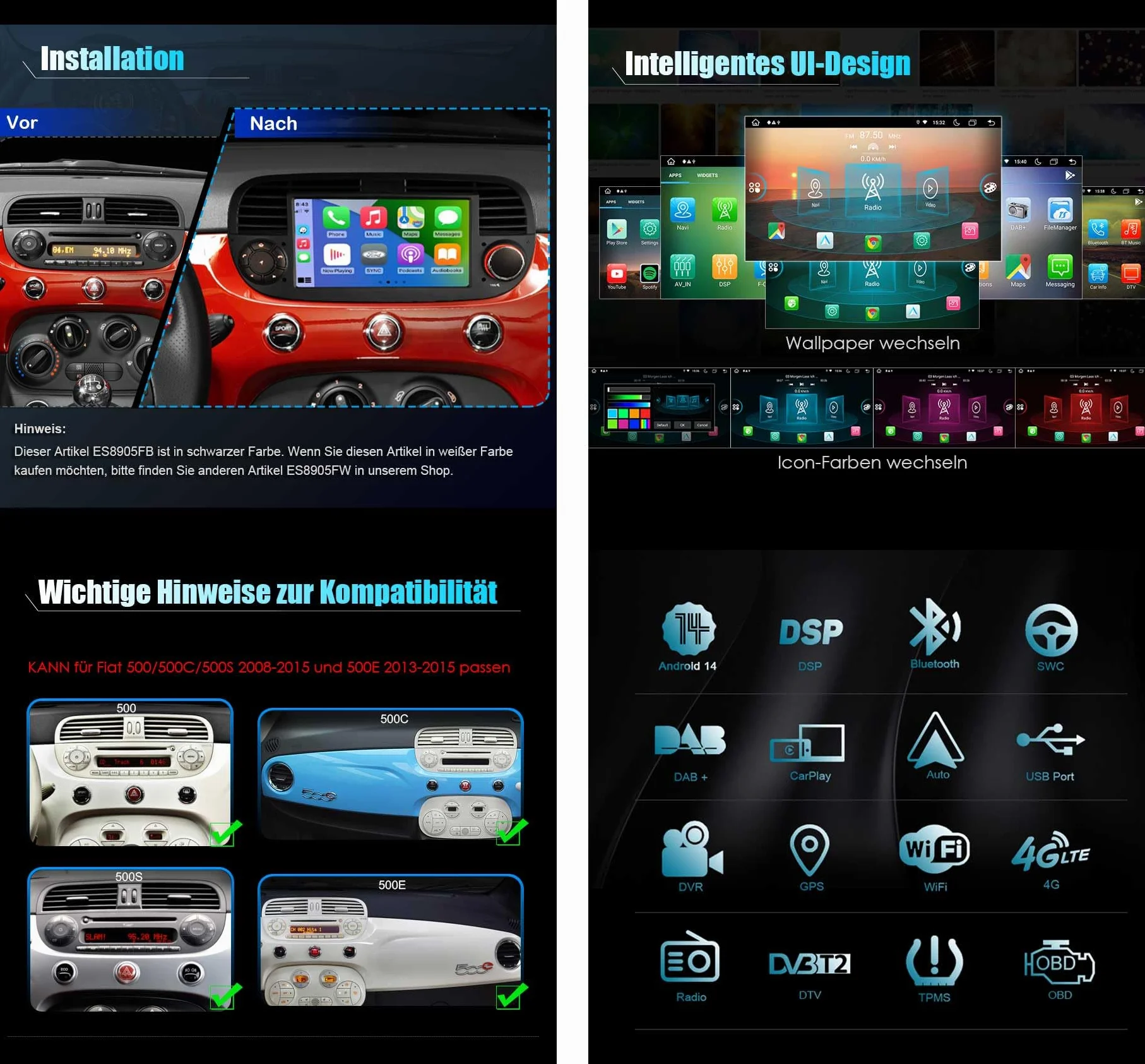 7-calowe, osiem rdzeni, 4 GB + 64 GB, Android 14 DAB+, radio samochodowe GPS do Fiata 500/500C/500S/500E z nawigacją DSP WiFi 4G Bluetooth 5.0 RDS, Canbus, sterowanie kierownicą, obsługuje CarPlay