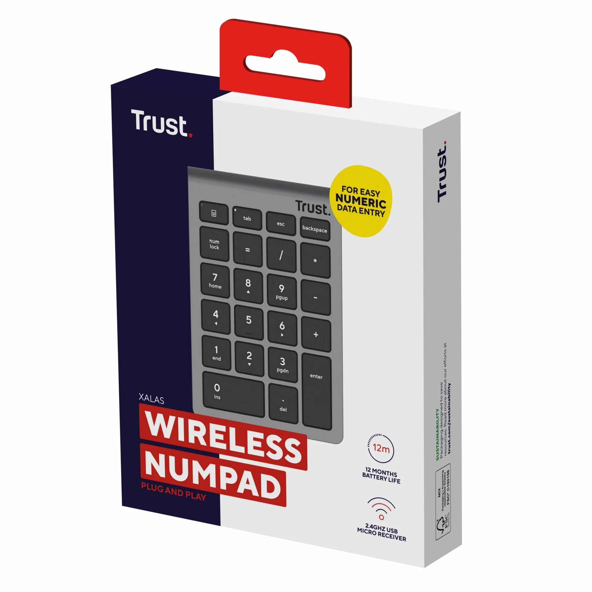 Trust Xalas Numpad bezprzewodowy do laptopa i komputera stacjonarnego, 22 przyciski, mini klawiatura, odbiornik micro USB 2,4 GHz, klawiatura numeryczna, klawiatura numeryczna, srebrna