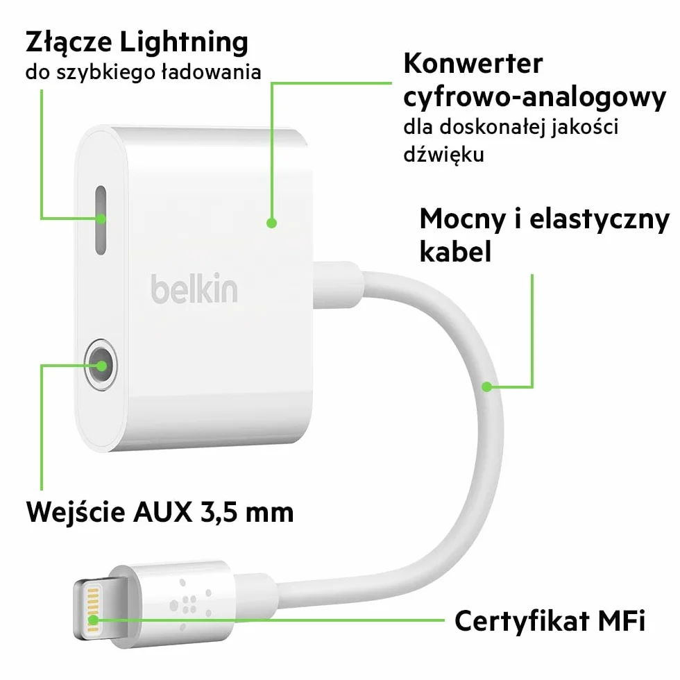 Belkin 3,5 mm Audio + Charge Rockstar (iPhone Aux Adapter/iPhone Charging Adapter), biały