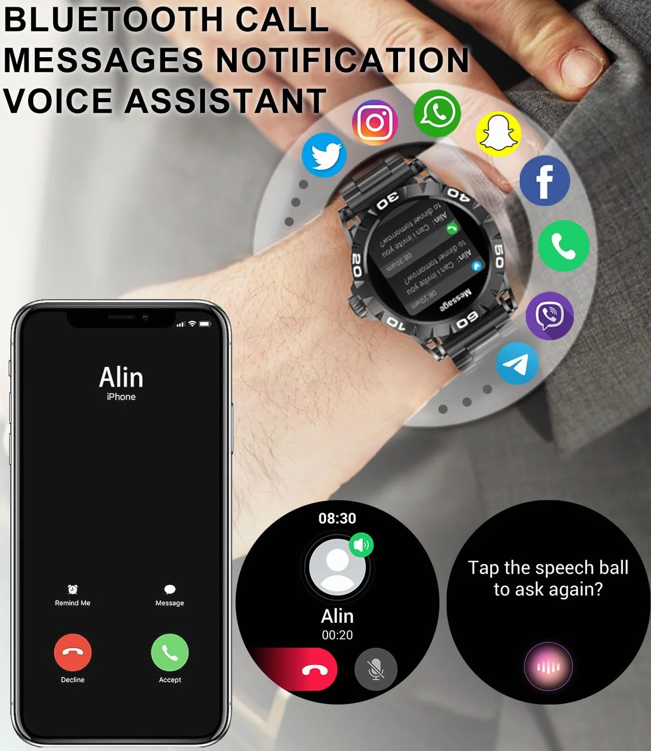 Męski Smartwatch z powiadomieniami o połączeniach, 1,39" HD męski zegarek dla Androida iOS asystent głosowy inteligentny zegarek męski z krokomierzem pomiaru tętna snu SpO2 21 trybów sportowych