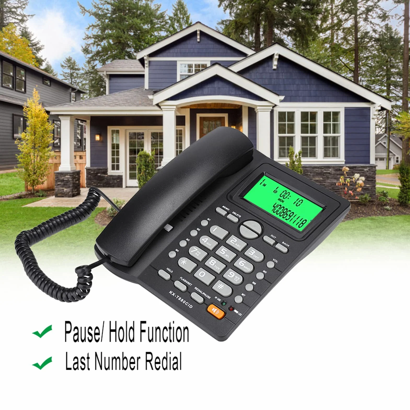 Telefon stacjonarny KX T880C, telefon przewodowy z zestawem głośnomówiącym, identyfikacją dzwoniącego, szybkim wybieraniem i funkcją wyciszenia, telefon z dużym przyciskiem do domowego biura, nie wy