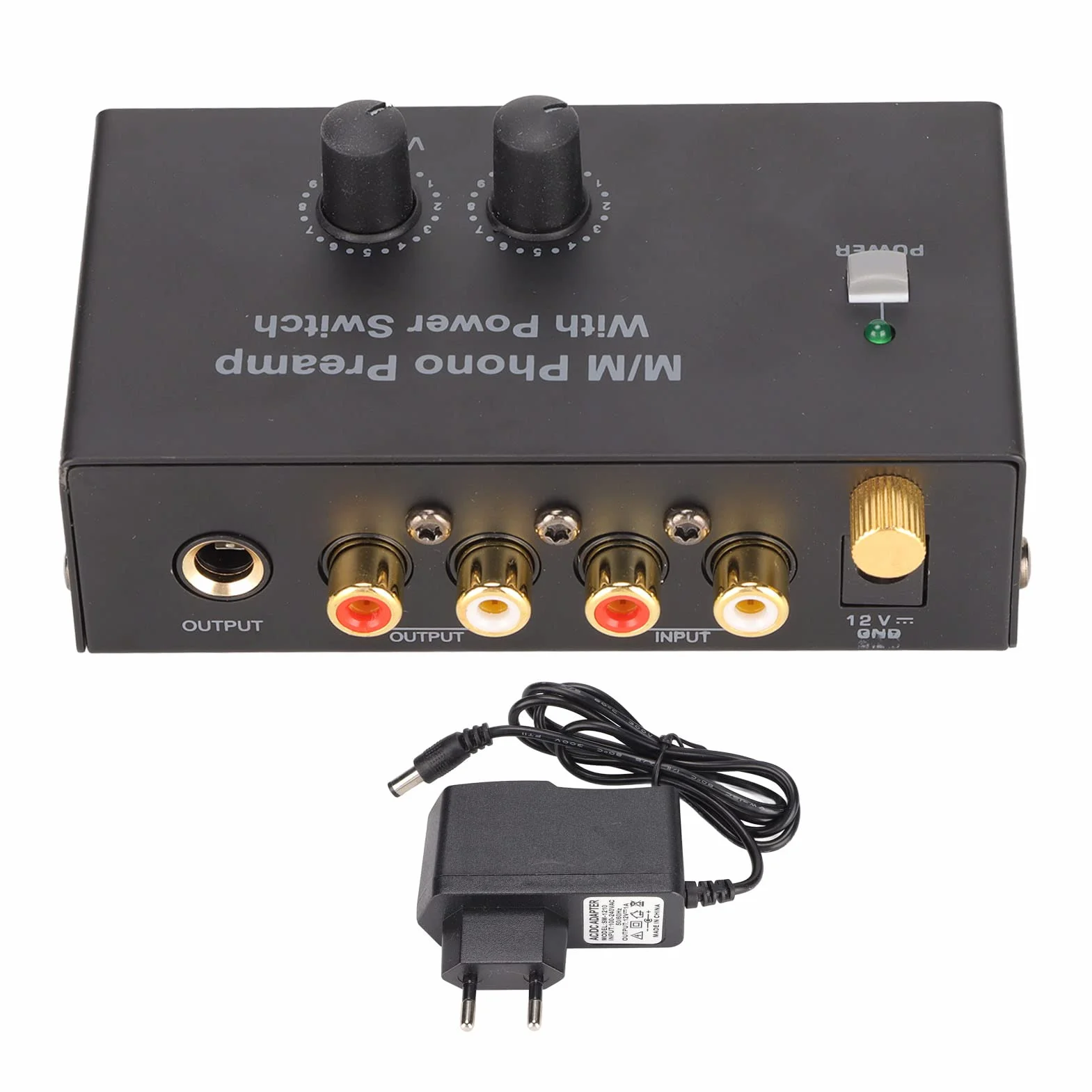 Przedwzmacniacz gramofonowy z zasilaczem DC 12V z wejściem stereo Rca i wyjściem Rca, redukujący niepożądane szumy i zakłócenia