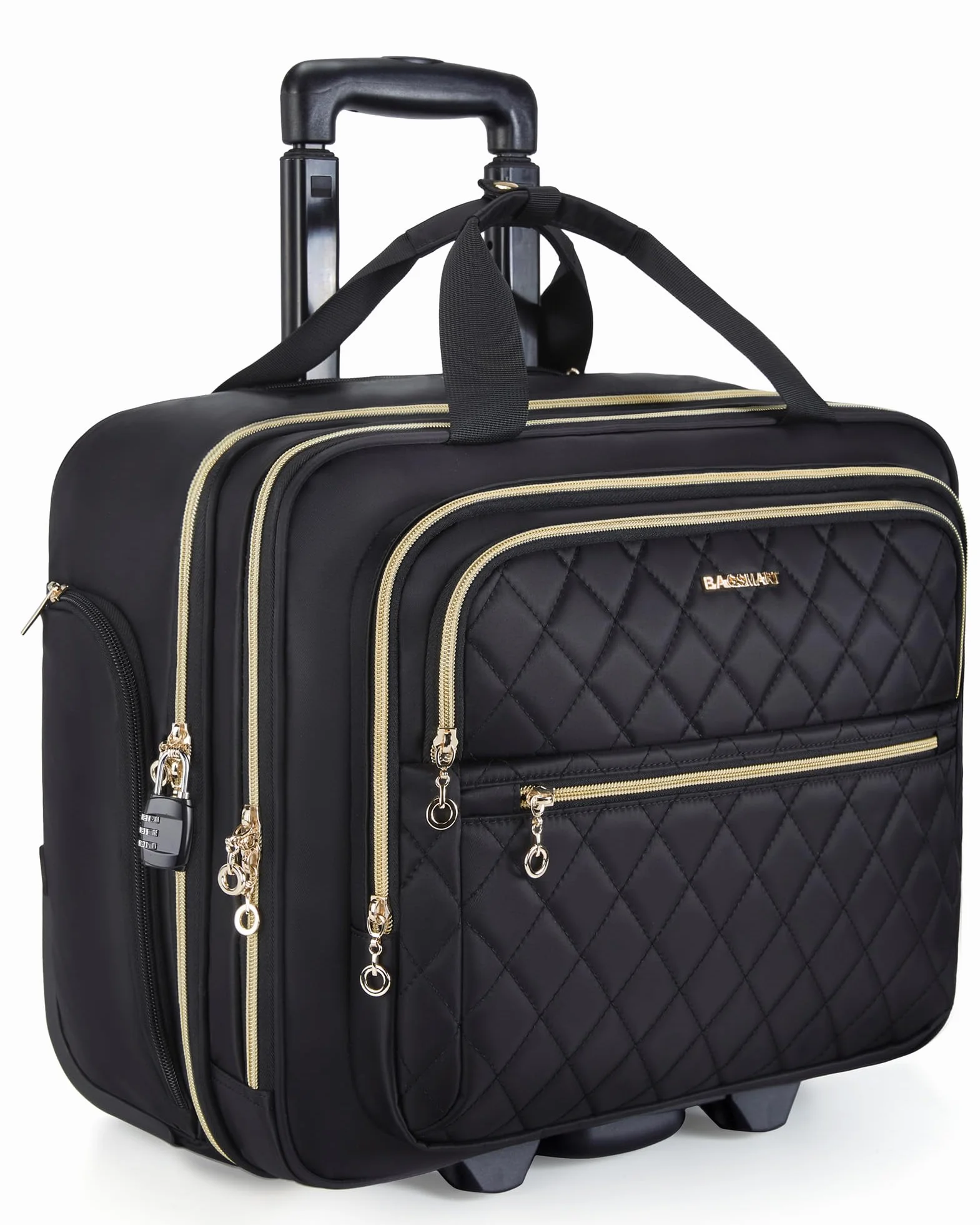 bagsmart Torba na laptopa dla kobiet, zwijana aktówka na laptopa o przekątnej ekranu 15,6", bagaż podręczny pod siedzeniem z rolkami, zwijana torba na komputer z zamkiem TSA, czarny, 15.6 Inch