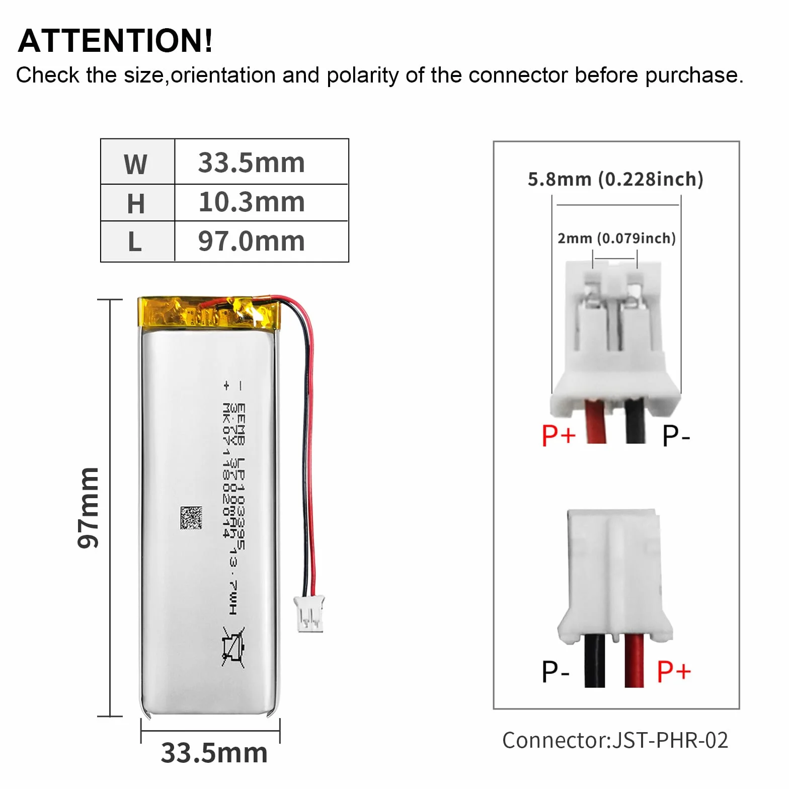 EEMB 3.7V 3700mAh 103395 Bateria Lipo ładowalny litowy polimerowy ze złączem JST - Upewnij się, że polaryzacja urządzenia pasuje do akumulatora przed zakupem!!!