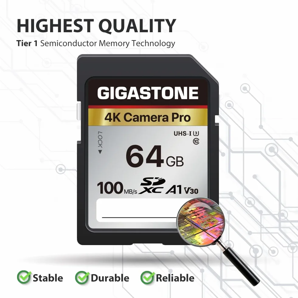 Gigastone 64GB 2-pakowa karta SD V30 SDXC Karta pamięci High Speed ​​4K Ultra HD UHD Zgodna z aparatem cyfrowym Canon Nikon Sony Pentax Kodak Olympus Panasonic