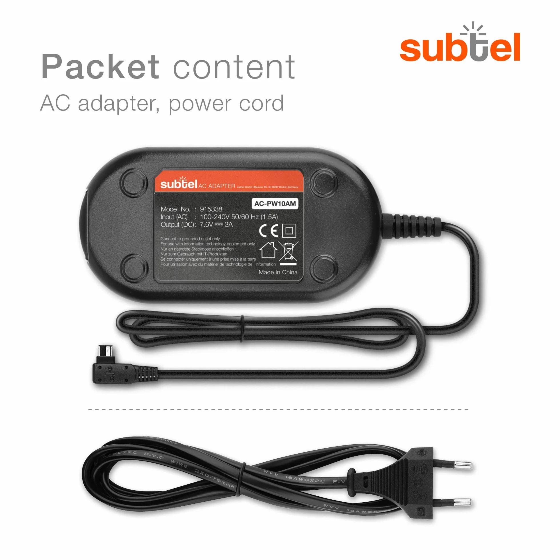 subtel® Zasilacz AC-PW10AM do Sony A58 SLT-A58 A57 A65 Alpha A77 II A99 II A100 A200 A230 A290 A300 A330 A350 A350 kamera, kamera ok. 3 m adapter sieciowy kabel zasilający ładowarka