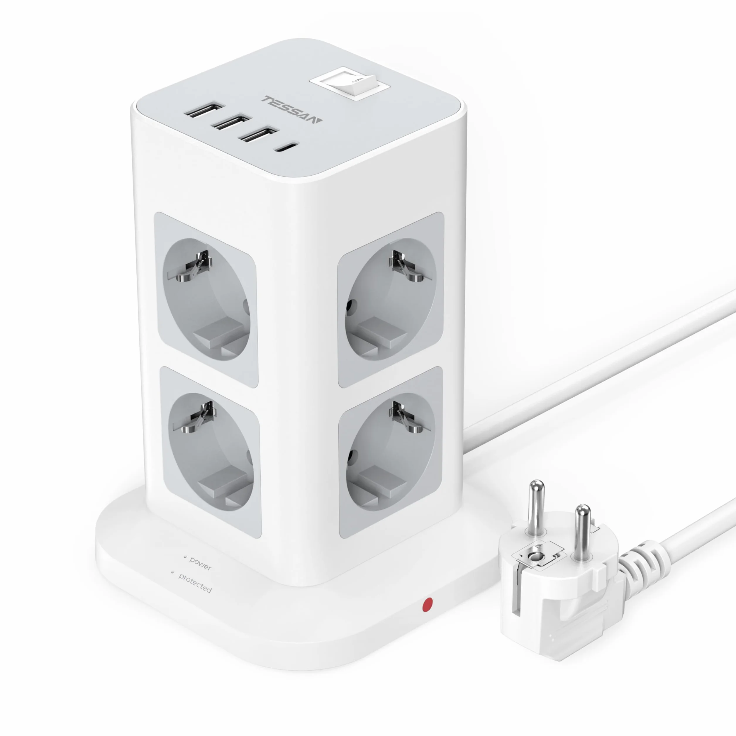 TESSAN Listwy zasilające, ochrona przed przeciążeniem, 8 gniazd, z 3 USB A i USB C, listwa zasilająca pionowa z przełącznikiem, przedłużacz 2 metry, złodziejka 3600 W