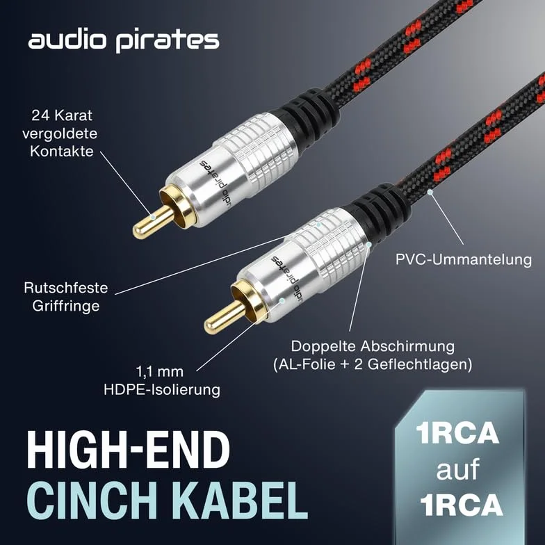 audio pirates Kabel cinch, 1 x wtyczka RCA na 1 x wtyk RCA, kabel audio | kabel audio z osłoną i złotymi stykami (0,5 metra)