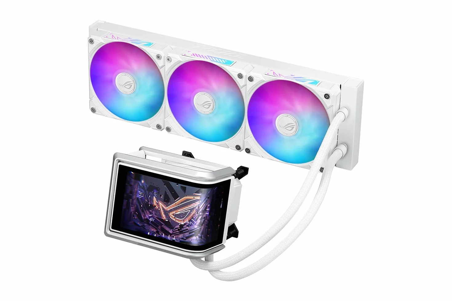 ASUS ROG RYUO IV 360 ARGB White - Chłodnica cieczy do procesora All-in-One z zakrzywionym ekranem 6,67" AMOLED do filmów 3D, wstępnie zamontowane wentylatory ARGB, pompa Asetek Emma Gen8 V2, pasta