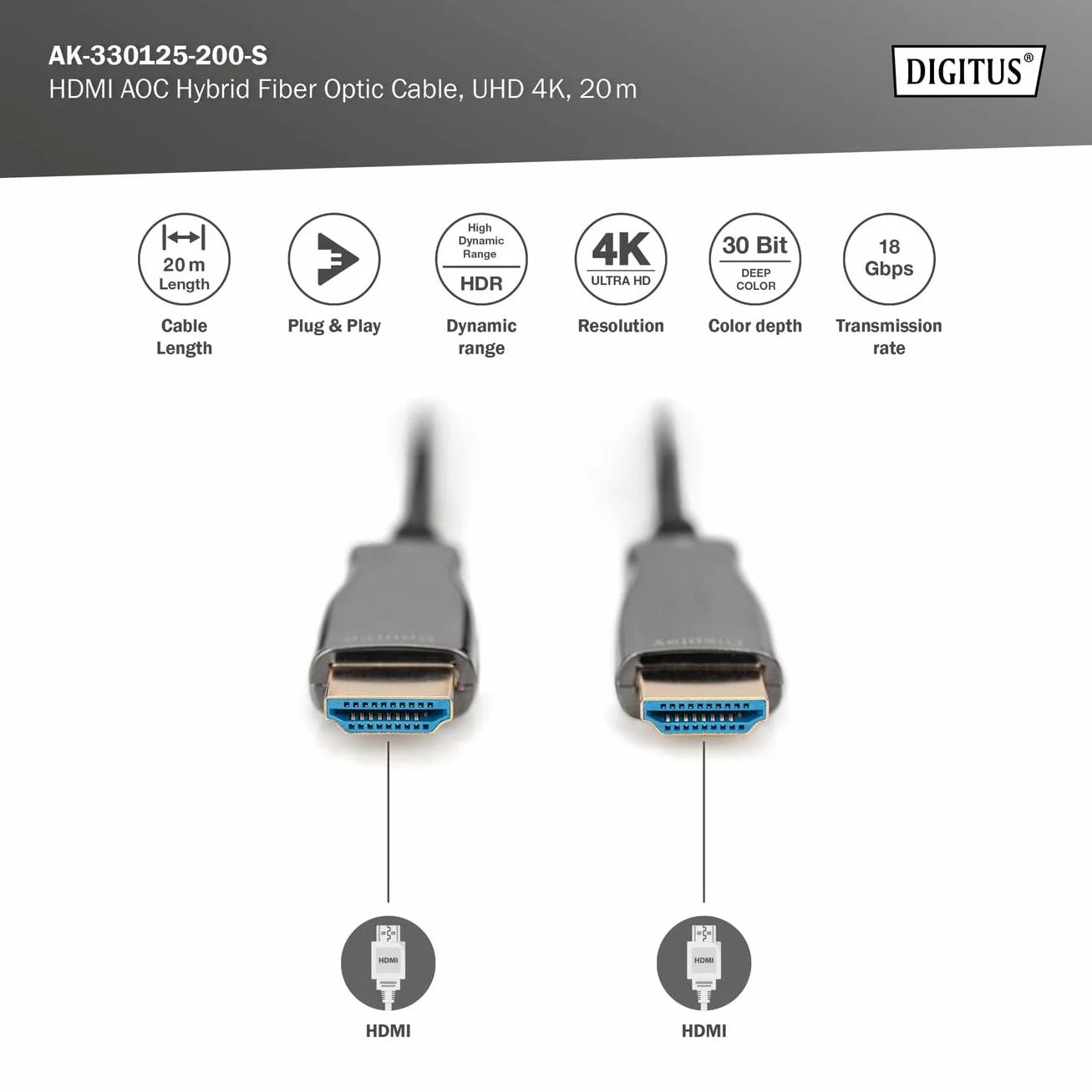 DIGITUS HDMI AOC Hybrydowy kabel światłowodowy - HDMI 2.0b - 4K/60Hz - UHD - Kanał Ethernet - HDR ARC HDCP 2.2 - Pozłacane styki - 20m - Czarny