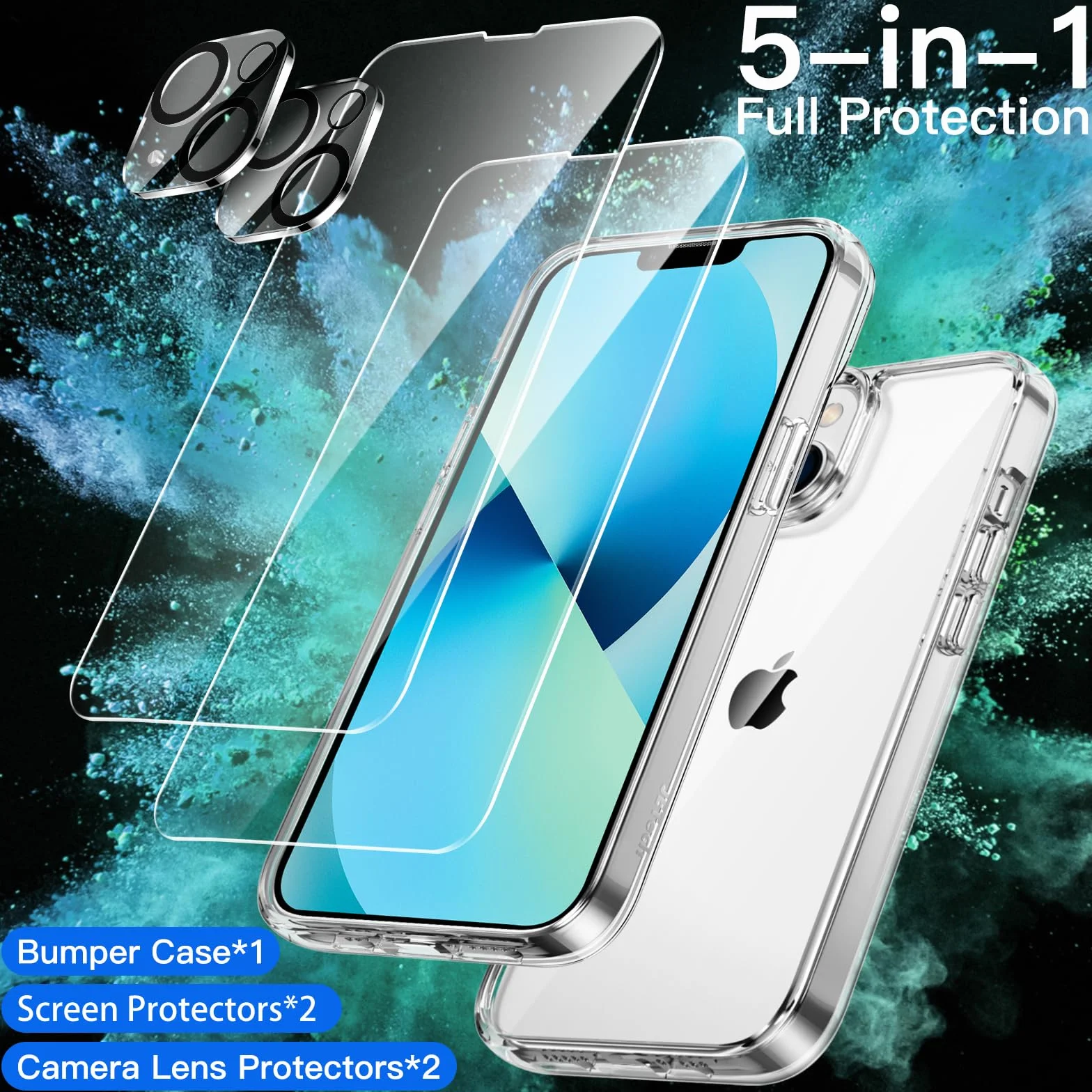 JETech 5 w 1 Etui dla iPhone 13 6,1 Cala, z 2 Sztuki Ochraniacz Ekranu i 2 Sztuki Obiektyw Aparatu Ekran, Nie Żółknie, Folia ze Szkła o Pełnym Pokryciu, Odporna na Wstrząsy Case (Przezroczyste)