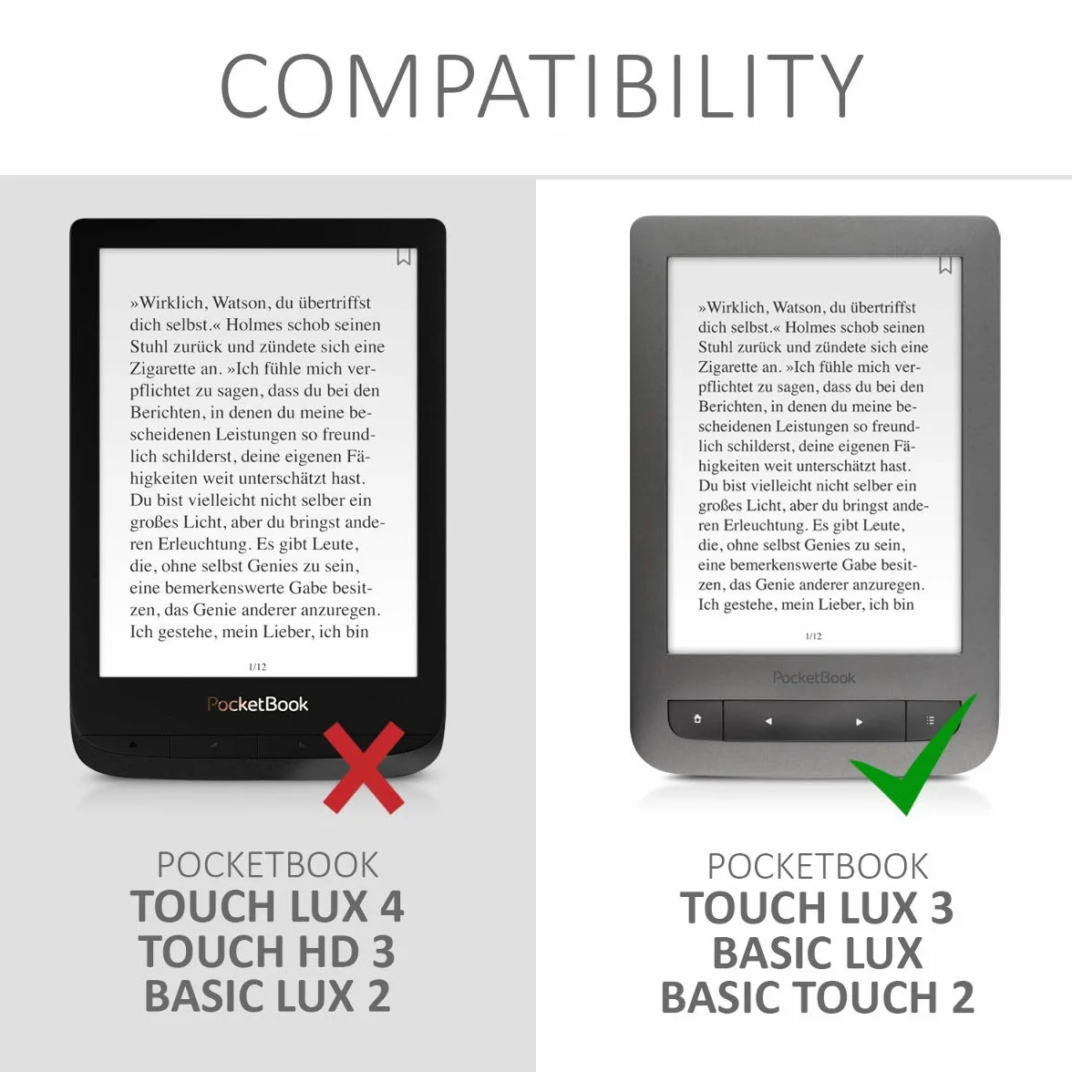 kwmobile Etui do Pocketbook Touch Lux 3/Basic Lux/Basic Touch 2 - etui ochronne z skóry PU i płótna do czytnika e-booków typu folio - szary/czarny