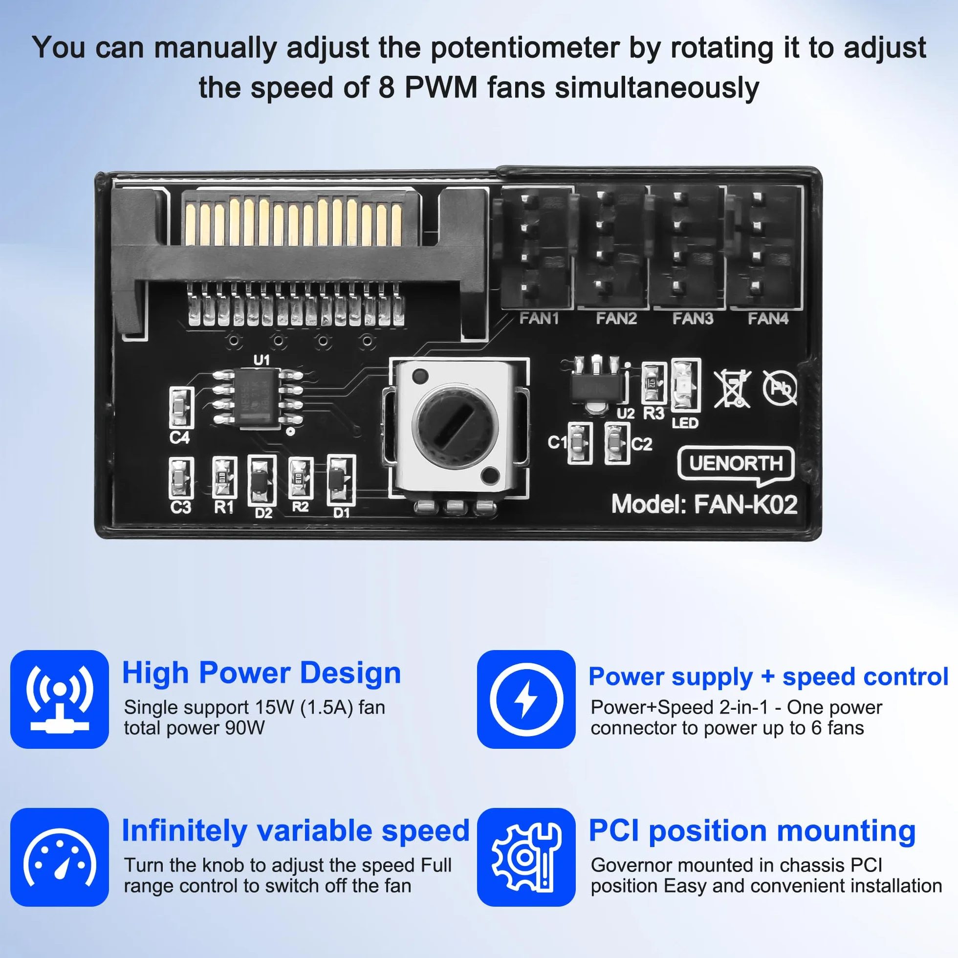 Regulator prędkości wentylatora 12V 4-pin PWM PC, adapter SATA dla 4 wentylatorów