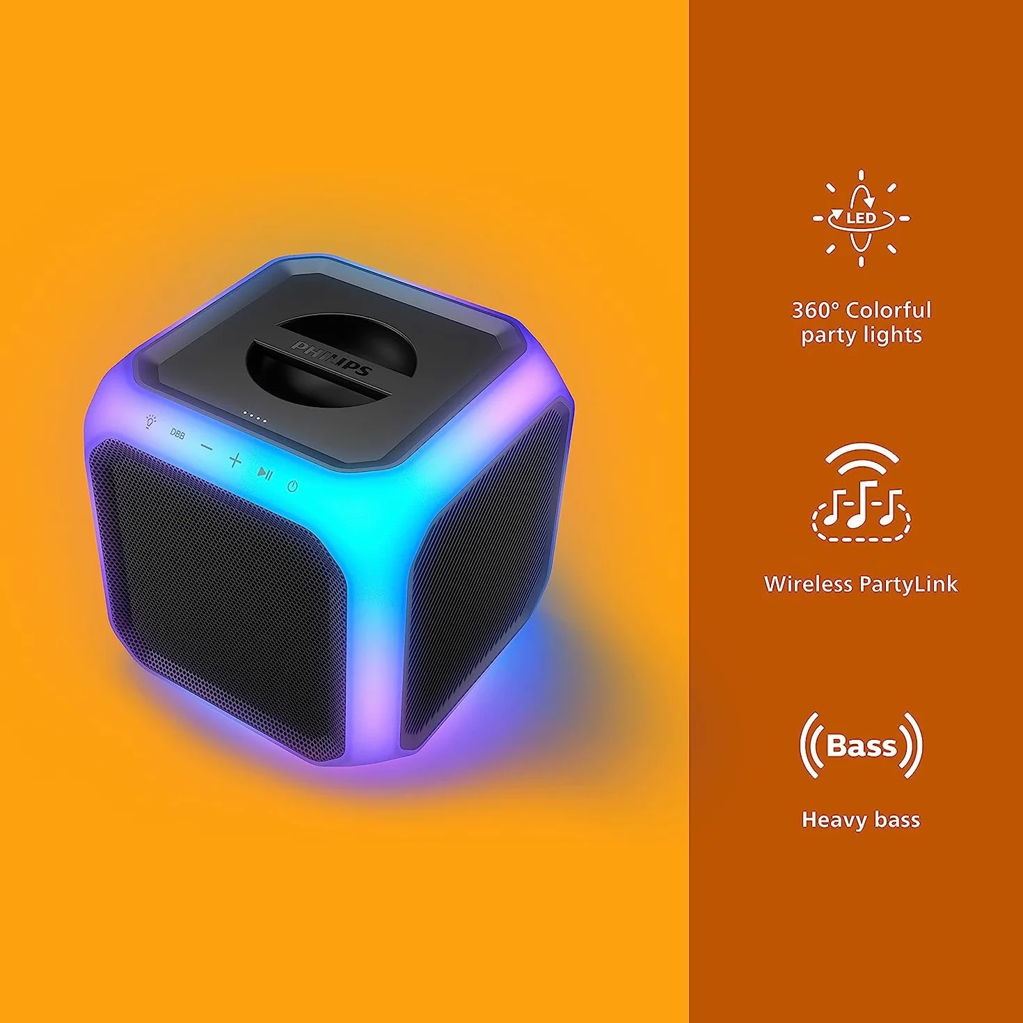 Philips TAX7207/10 Głośnik Imprezowy Bluetooth, Czas Odtwarzania 12 Godzin, Oświetlenie Imprezowe 360°, Bezprzewodowe Łącze Imprezowe I Akumulator
