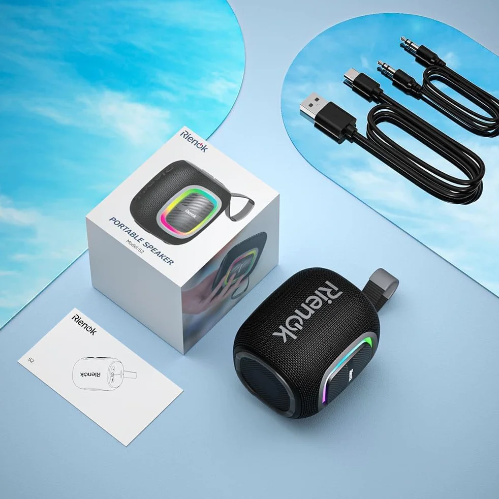 RIENOK Głośnik Bluetooth Bezprzewodowy Wodoodporny Mini Radio FM 15 Godzin Bluetooth 5.3 Karta TF USB Czarny