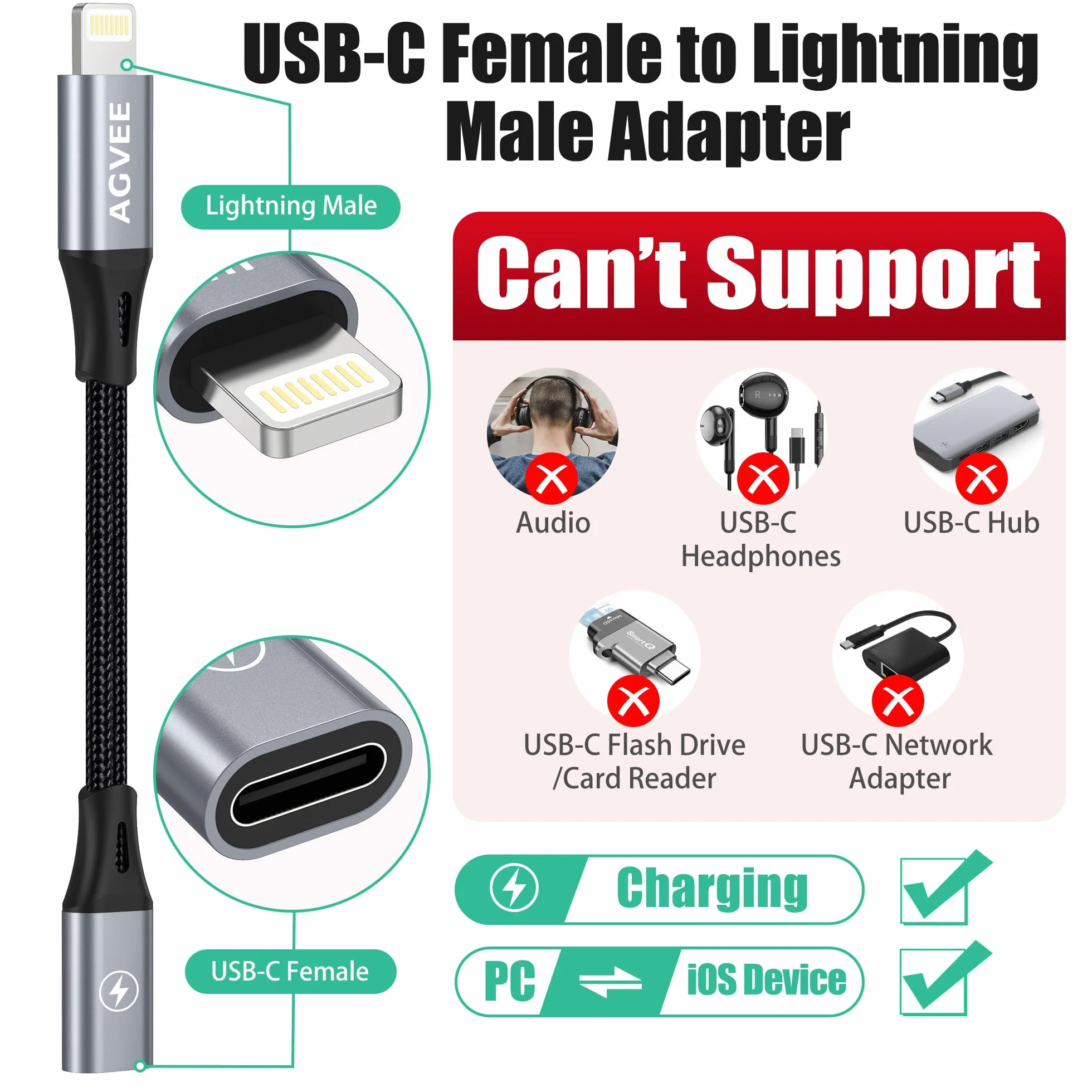 AGVEE 2-pak 4" 30 W USB-C żeński na Lightning adapter kablowy, typ C na 8-pinowy męski PD, szybkie ładowanie, konwerter, złącze synchronizacji danych, do urządzeń iPhone 13, 12, 11, Airpods iOS,