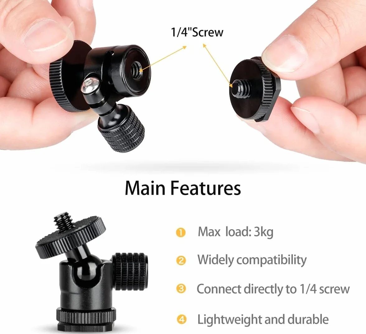 koolehaoda 1/4 Mini BallHead & Hot Shoe Adapter do montażu na statywie kamery wideo Light Statyw (1/4 Ball Head)