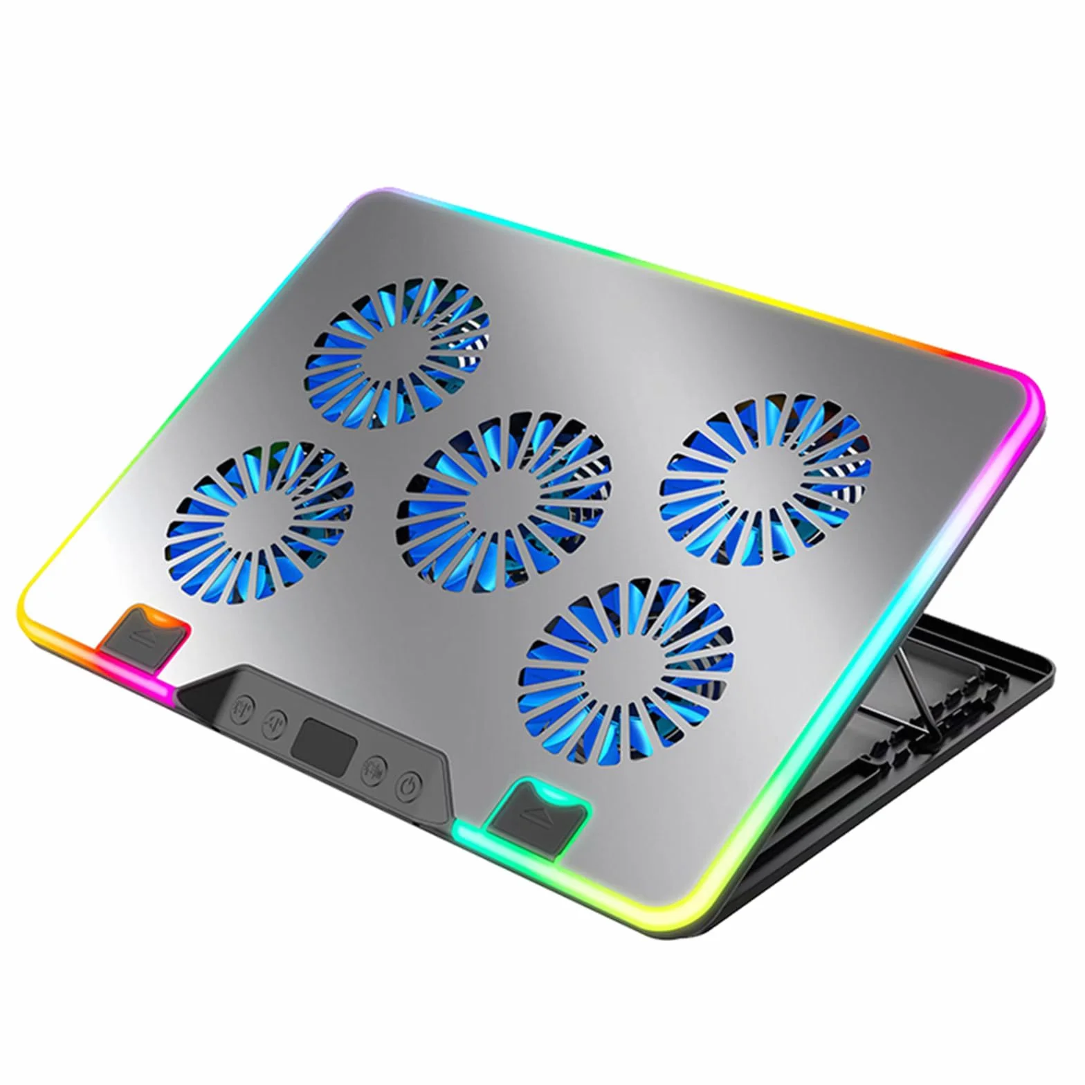 PodkłAdka ChłOdząCa Pod Laptopa Z 5 Cichymi Wentylatorami I OśWietleniem Rgb, WyśWietlacz Lcd, 4-Stopniowa PręDkość Wentylatora, 7-Stopniowa Regulacja WysokośCi Silver