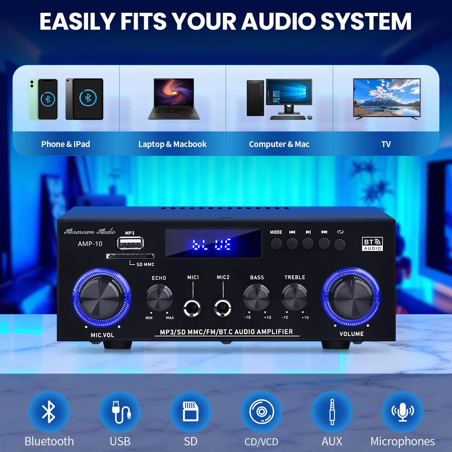 Amp10 wzmacniacz domowego audio, wzmacniacz mocy 400 W, 2-kanałowy odbiornik stereo z Bluetooth 5.0, aktywne wyjście subwoofera, radio FM, USB/SD/AUX, MIC, pilot zdalnego sterowania do kina