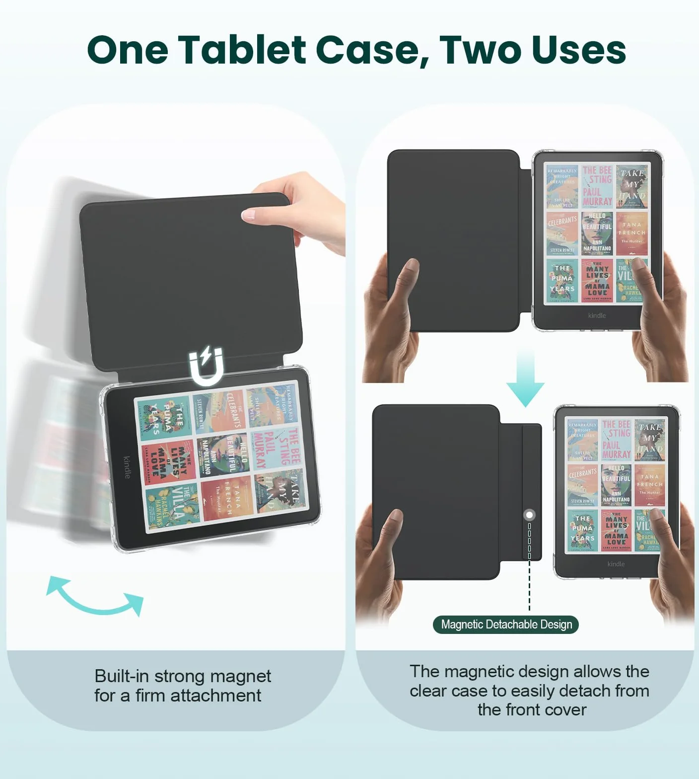 MoKo Detachable Magnetic Case for Kindle Paperwhite 12th Generation 2024 & Kindle Colorsoft 2024/2025, Ultra Clear Back Shell Cover, Denim Black