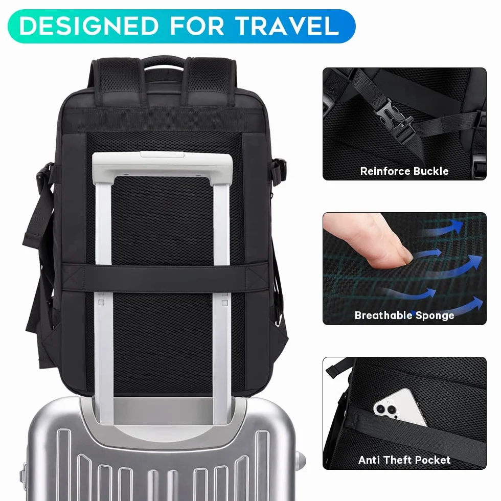 BANGE Plecak podróżny, bagaż podręczny, wytrzymały plecak Convertible Duffle Bag Fit na laptopa o przekątnej ekranu 17,3", dla mężczyzn i kobiet, Czarny (bez rozszerzenia), L, Biznes