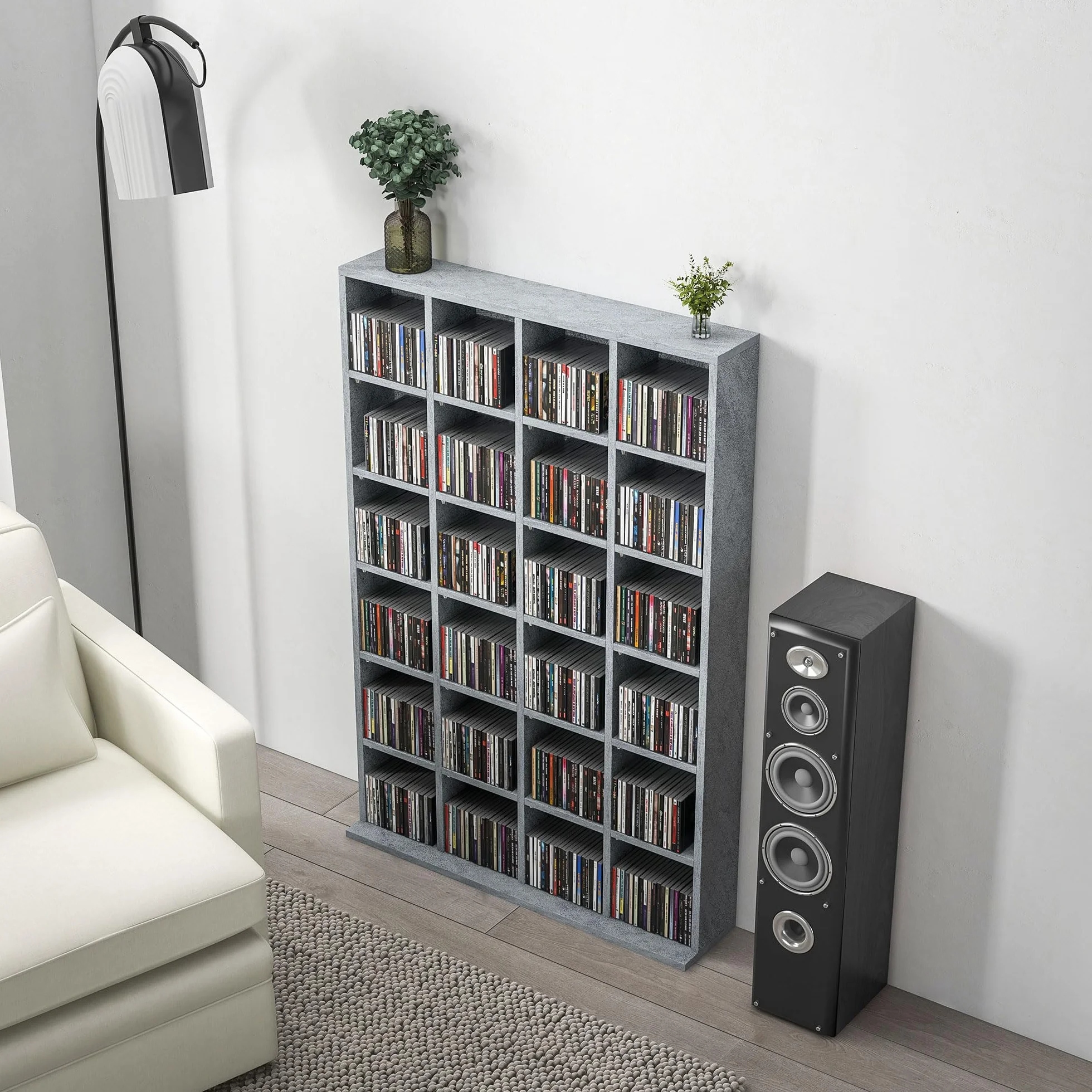 HOMCOM Przechowywanie płyt CD i DVD, nośnik multimedialny z 24 przegródkami, maks. pojemność 480 CD/312 DVD, drewniany regał z regulowanymi półkami, 89 x 20 x 130,5 cm, szary
