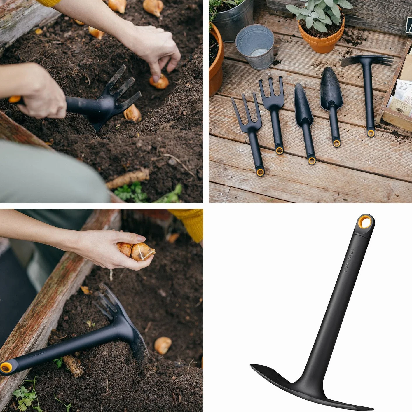 Fiskars Zestaw narzędzi ogrodowych, 4-częściowy, wycinak do chwastów Xact, długość: 1 m, motyka kombi Solid, długość: 28 cm, łopatka do kwiatów Solid, długość: 28 cm, sekator obejściowy Solid P121, 1