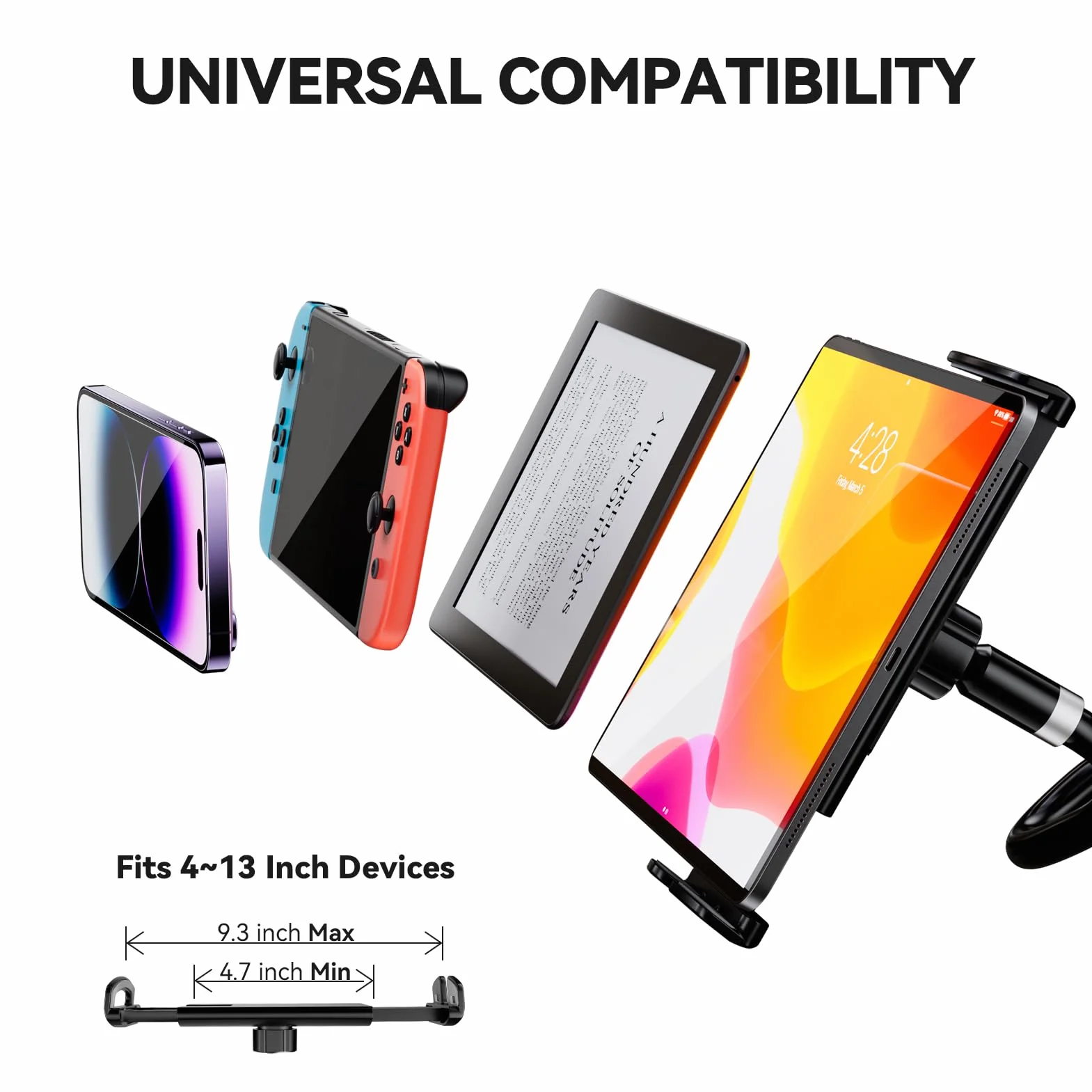 FlyCoco Uchwyt na tablet z gęsią szyją, ulepszony, z elastycznym długim ramieniem do łóżka, kompatybilny z iPadem Pro Air/iPhone/Kindle Fire/Switch lub innym urządzeniem 4-13 cali, czarny