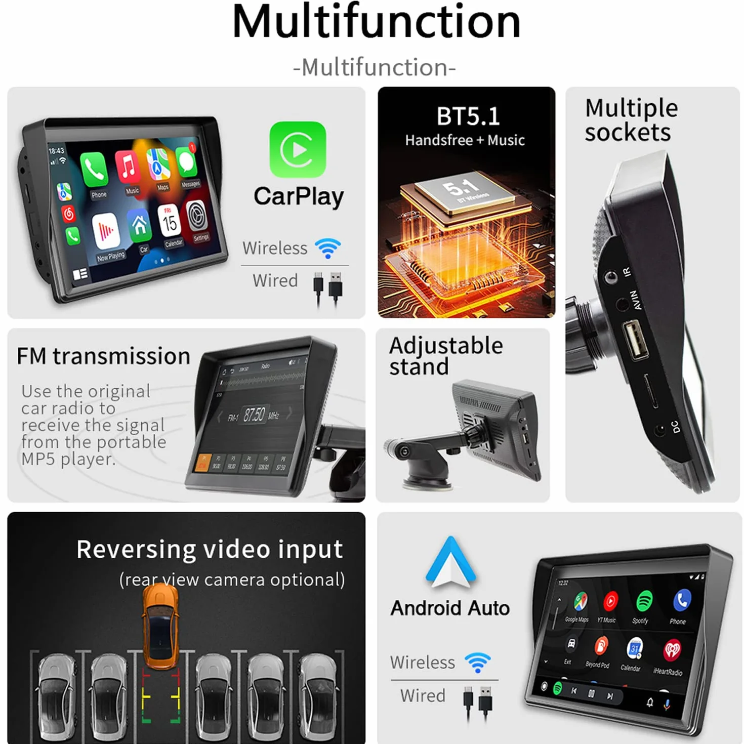 Compatible for bezprzewodowym Carplay Android Auto Przeno?ny monitor samochodowy, 7" ekran dotykowy stereo z kamer? cofania Transmiter Bluetooth FM AUX/USB/TF 9V-36V Pilot zdalnego sterowania