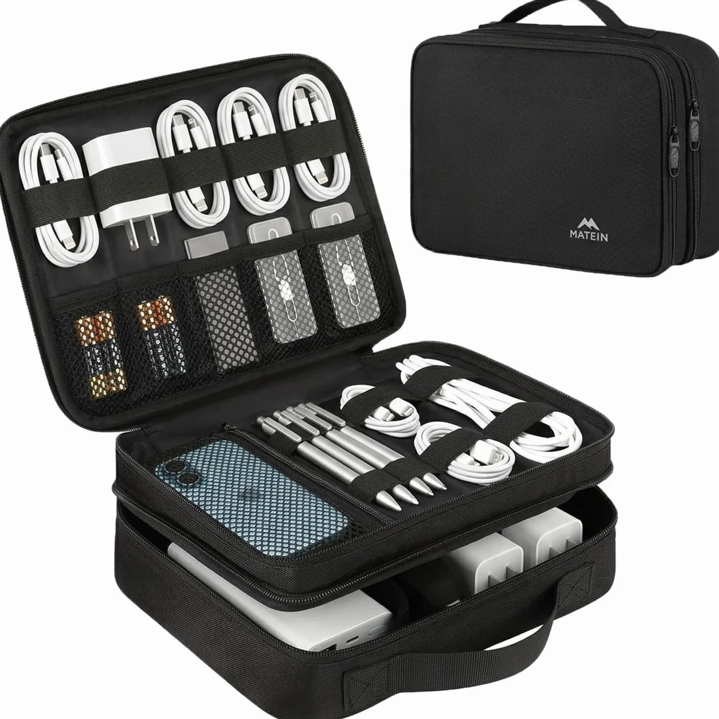 MATEIN Elektroniczna wielofunkcyjna torba na kable wodoodporna torba do przechowywania akcesoriów uniwersalna torba organizer na pamięć USB, kartę pamięci, ładowarkę, power bank, 2 warstwy, czarna