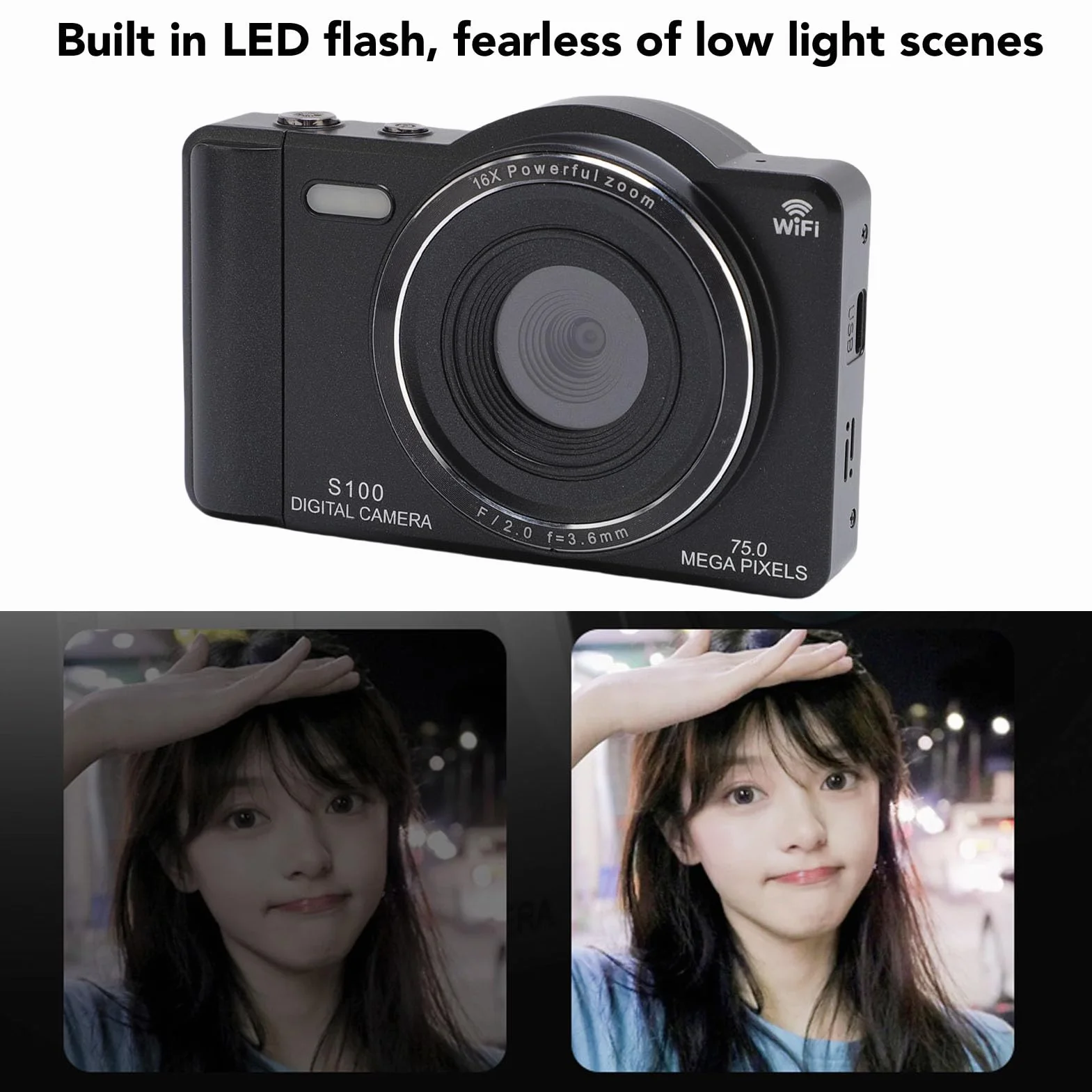Bewinner Aparat Cyfrowy 4K do Fotografii, Aparat Vlogging 75MP z 2,8 -calowym Ekranem Dotykowym, 16x Cyfrowy Zoom, Kamery Wi -Fi Autofocus z lampą błyskową do Portretu Krajobrazu Podróży (64GB)