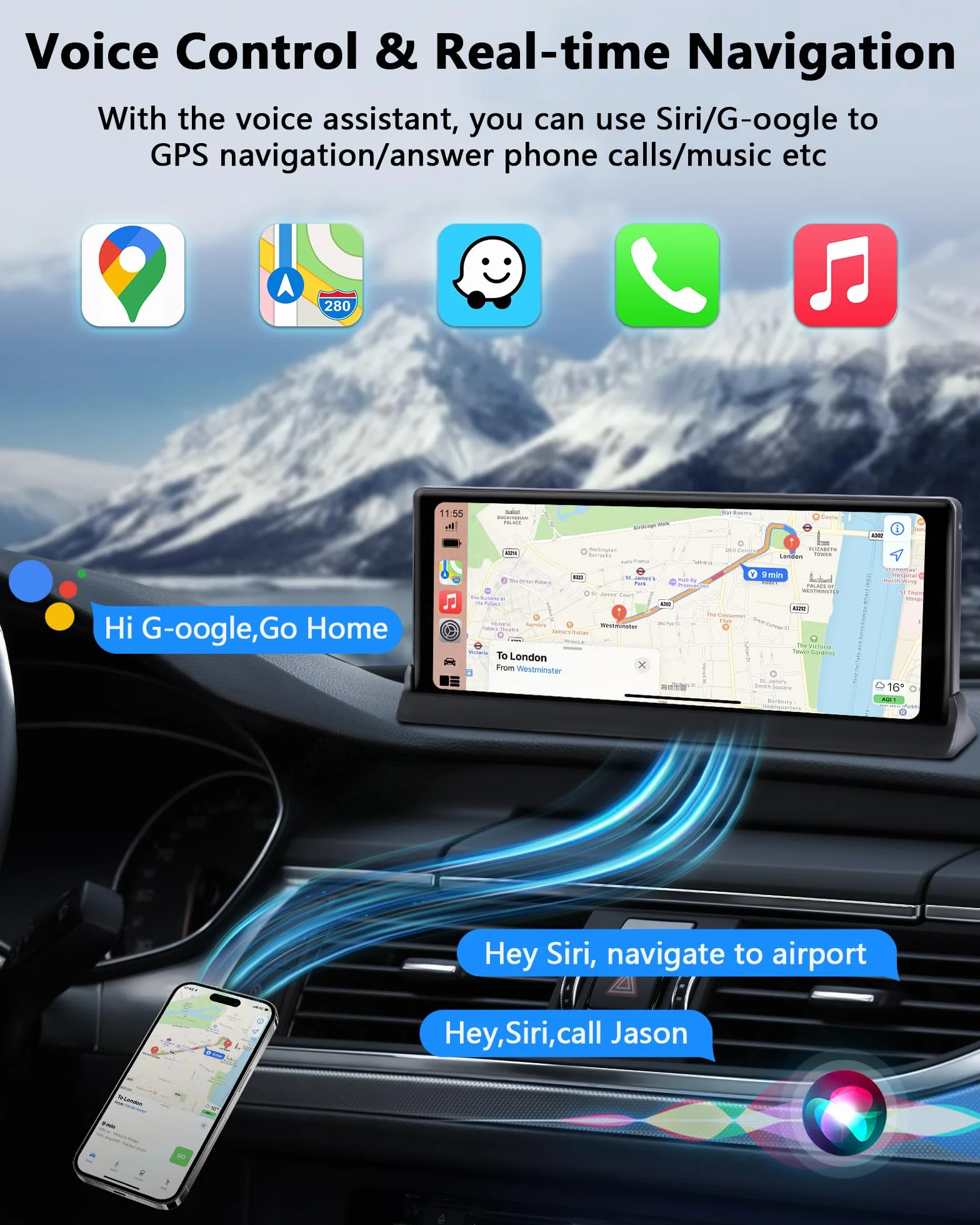 【Ograniczony czas】Ekran do odtwarzania samochodu Apple z ekskluzywnym uchwytem, 25.6 cm, bezprzewodowy CarPlay Android Auto, ekran CarPlay do tabletu samochodowego z nawigacją GPS Siri G-oogle