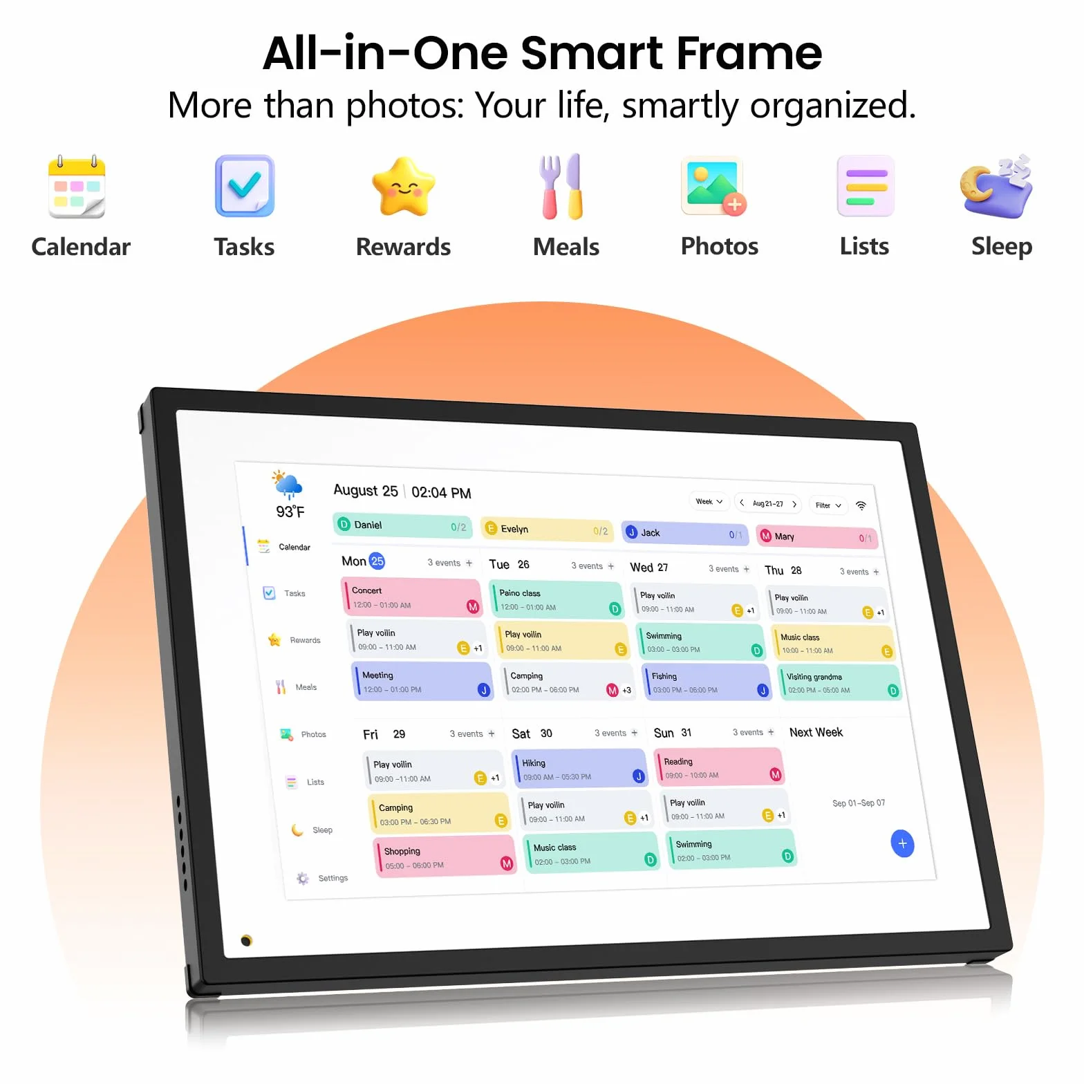 Cyfrowy planer rodzinny 10,1" Smart Frame z aplikacją Sync – intuicyjny kalendarz stołowy (1280 x 800), Dual-WLAN (2,4/5 GHz), elektroniczna ramka na zdjęcia i planer posiłków dla rodziny i seniorów