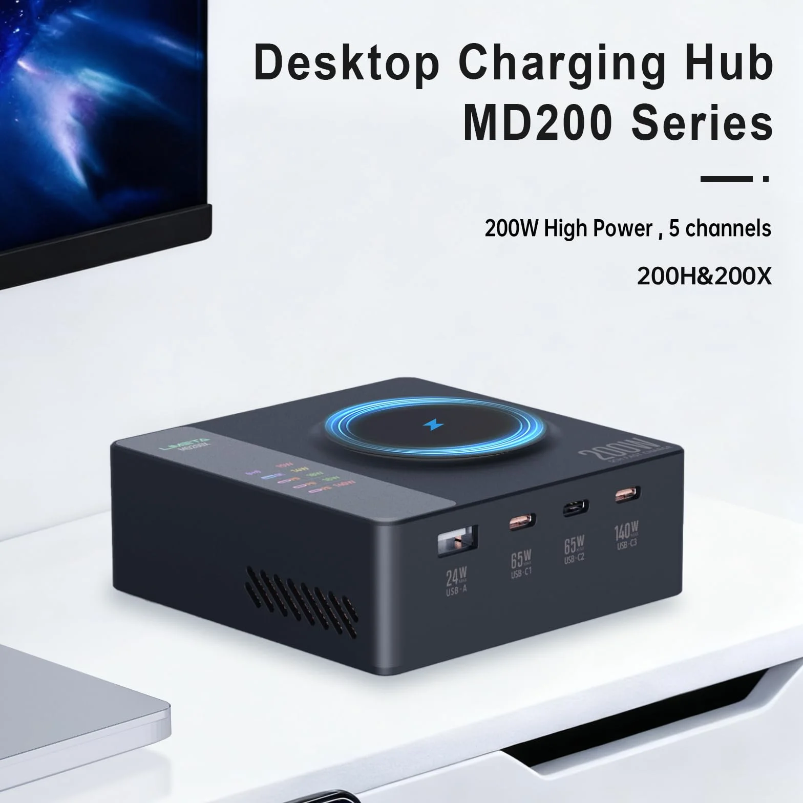 LIMETA Stacja ładująca 200 W z bezprzewodową ładowarką 15 W, wieloma portami USB, maks. 140 W z jednym portem bezprzewodowym ładowaniem i ekranem LCD, z laptopami, tabletami, iPhone'ami i innymi