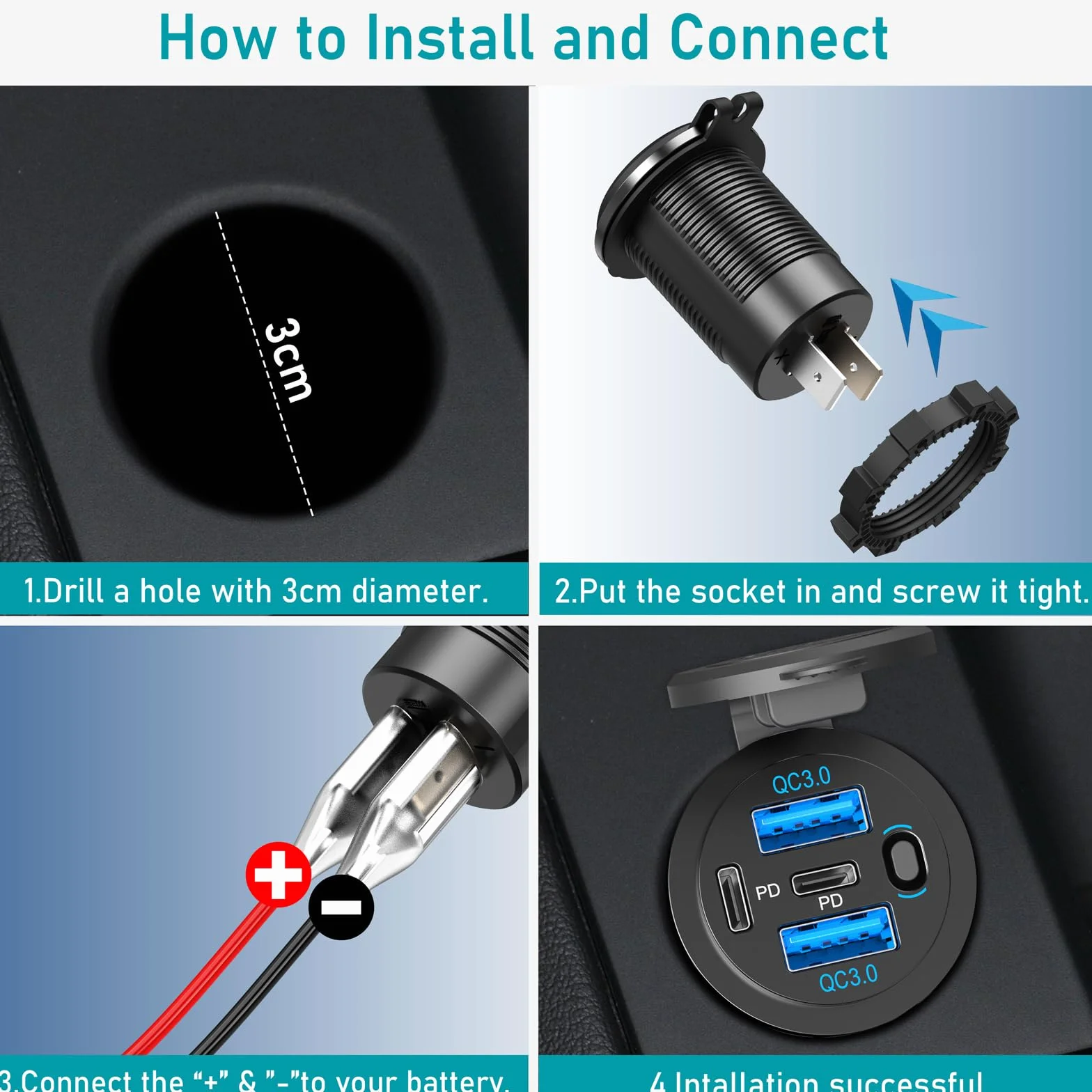 12V USB C Outlet 90W 4 Ports Car Charger Socket, Dual PD 36W i Dual QC 18W Car USB Port 12V Ładowarka z przełącznikiem przyciskowym i kablem C do C, nadaje się do łodzi morskiej autobusowej ciężarówki