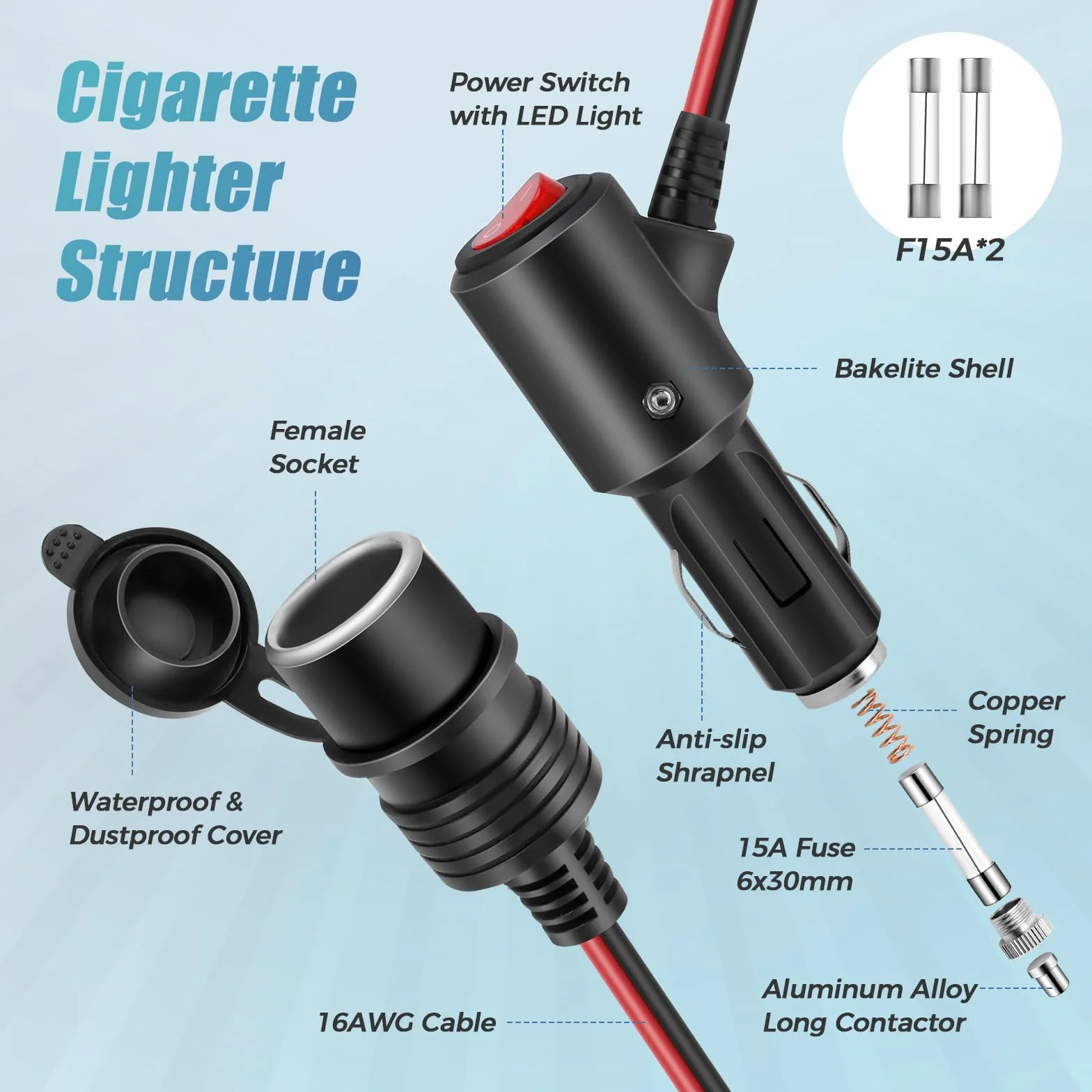 Thlevel 2 metr Wodoodporny kabel przedłużający do zapalniczki samochodowej y z włącznikiem/wyłącznikiem 16AWG z bezpiecznikiem 15A 12V/ 24V DC