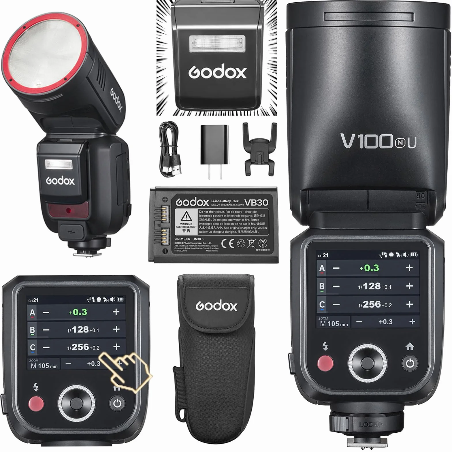 Godox V100N Okrągła głowica dotykowa Flash, 100 Ws Global Shutter Flash Sync 1/80000, 1/8000 HSS, wbudowana bateria litowa, 10-stopniowa lampa modelująca LED (Bodox V100N dla Nikon)
