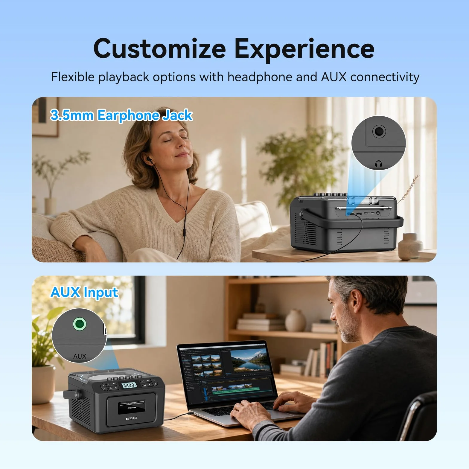 Retekess TR642 Przenośny Odtwarzacz CD Boombox | Do Rozrywki Domowej, Bezprzewodowe Połączenie, Porty USB/AUX/TF, Ładowalny Akumulator, Podświetlenie Nastrojowe, Z Pilotem