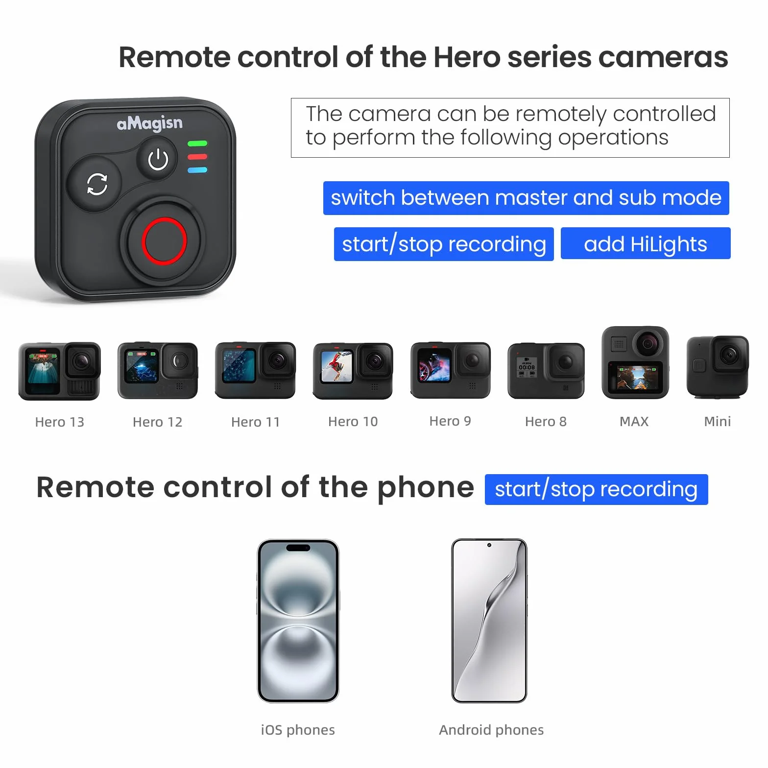 Pilot zdalnego sterowania Bluetooth do Insta360 Ace Pro 2 X5 ONE RS GoPro Hero 13 12, bezprzewodowy pilot zdalnego sterowania z paskiem na nadgarstek, zasięg 50 m, inteligentna kamera akcji, akcesoria